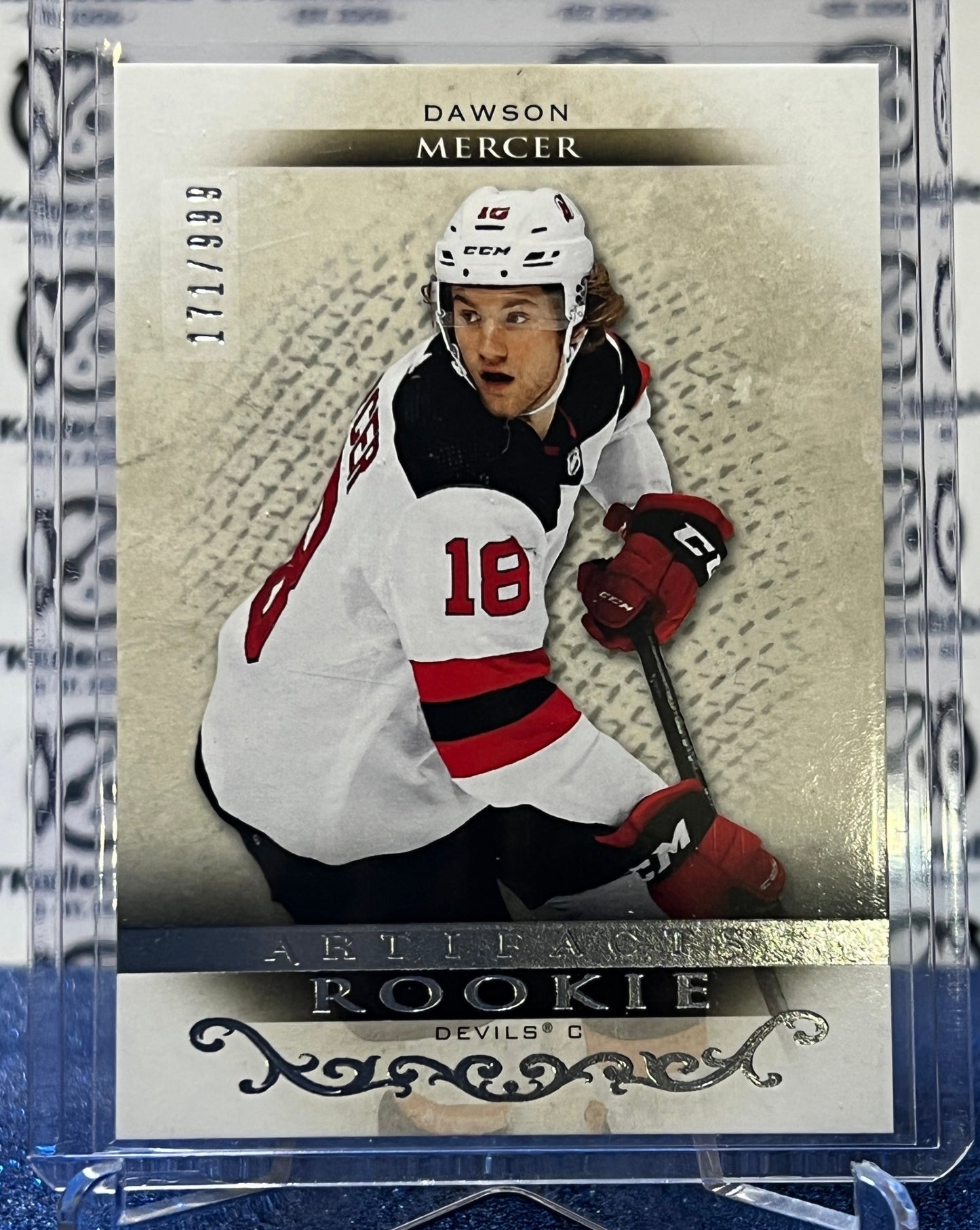 ERROR 2021-22 UPPER DECK ARTIFACTS DAWSON MERCER # RED198 ROOKIE SILVER  /999 NEW JERSEY DEVILS  NHL HOCKEY TRADING CARD