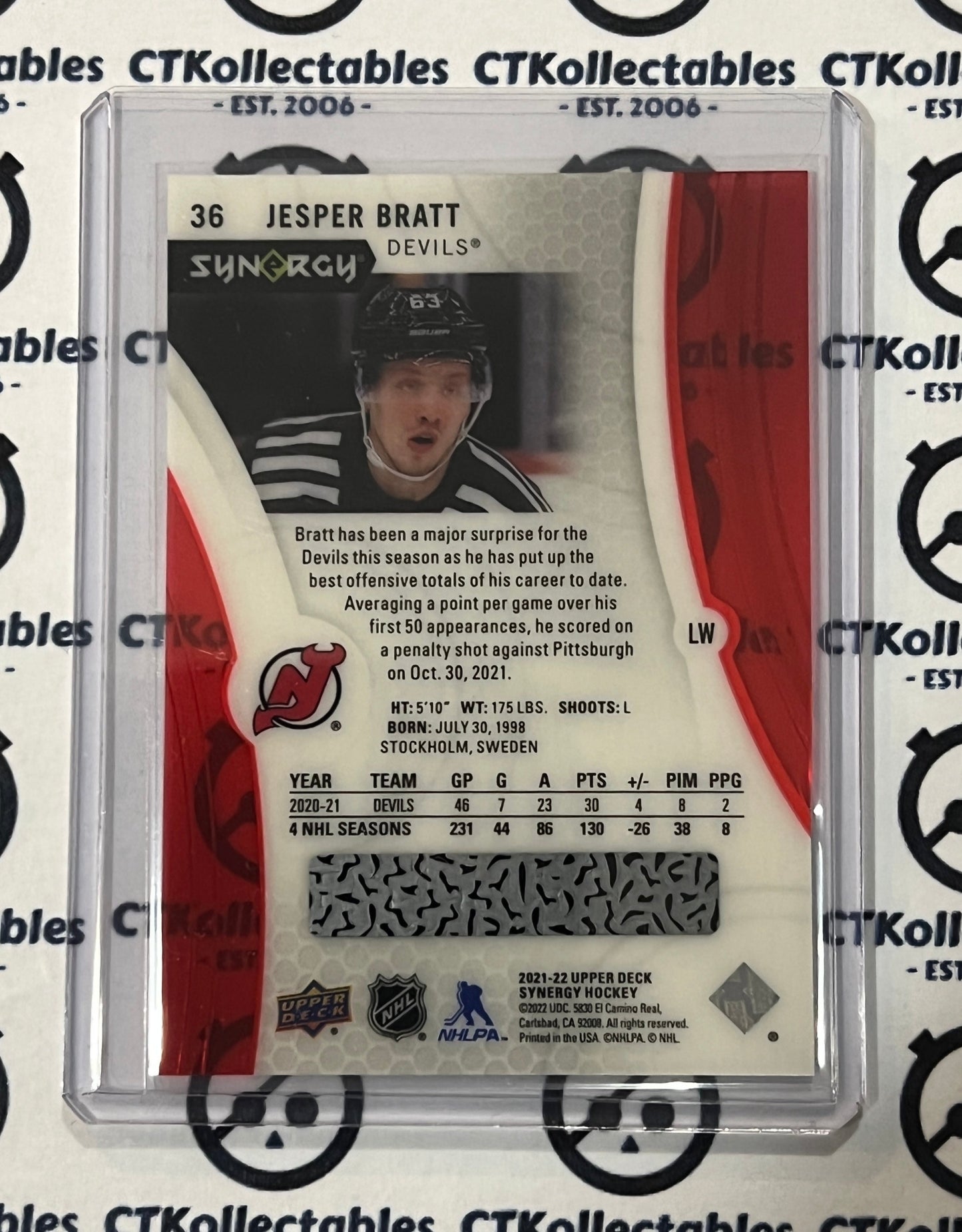 2021-22 UPPER DECK SYNERGY JESPER BRATT # 36  CODE JERSEY DEVILS  NHL HOCKEY TRADING CARD