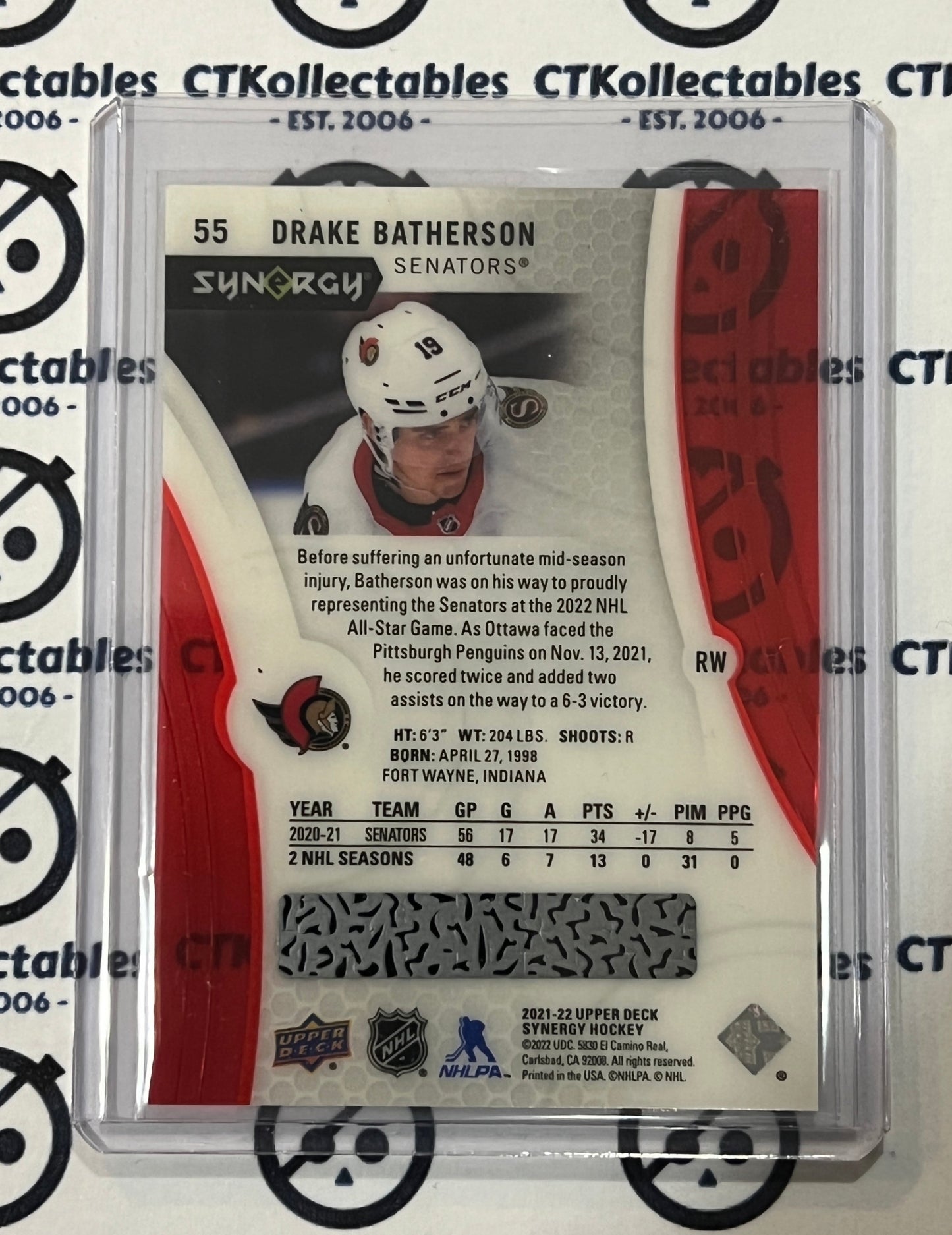 2021-22 UPPER DECK SYNERGY DRAKE BATHERSON # 55 CODE OTTAWA SENATORS HOCKEY CARD