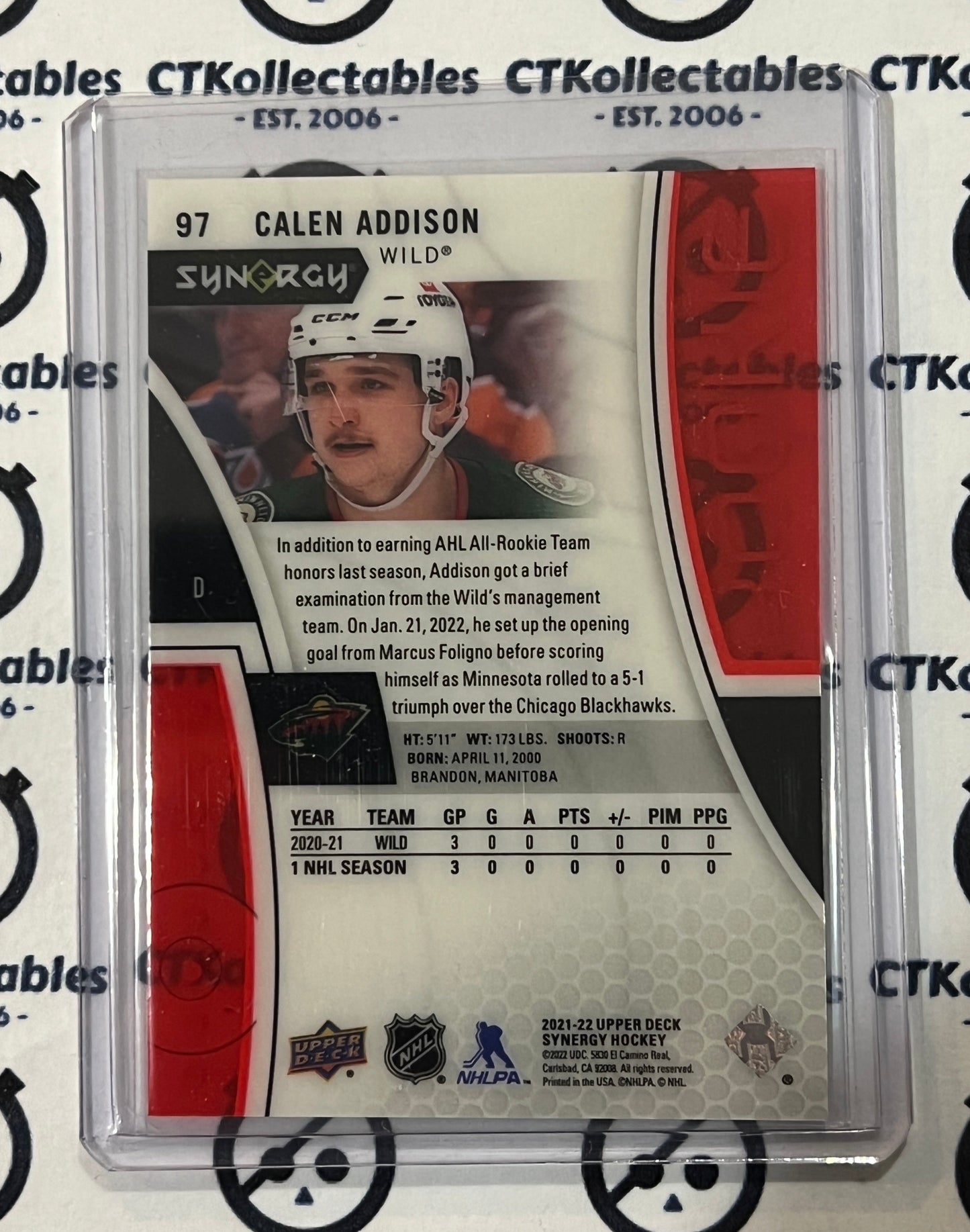 2021-22 UPPER DECK SYNERGY CALEN ADDISON # 97 ROOKIE MINNESOTA WILD  NHL HOCKEY CARD