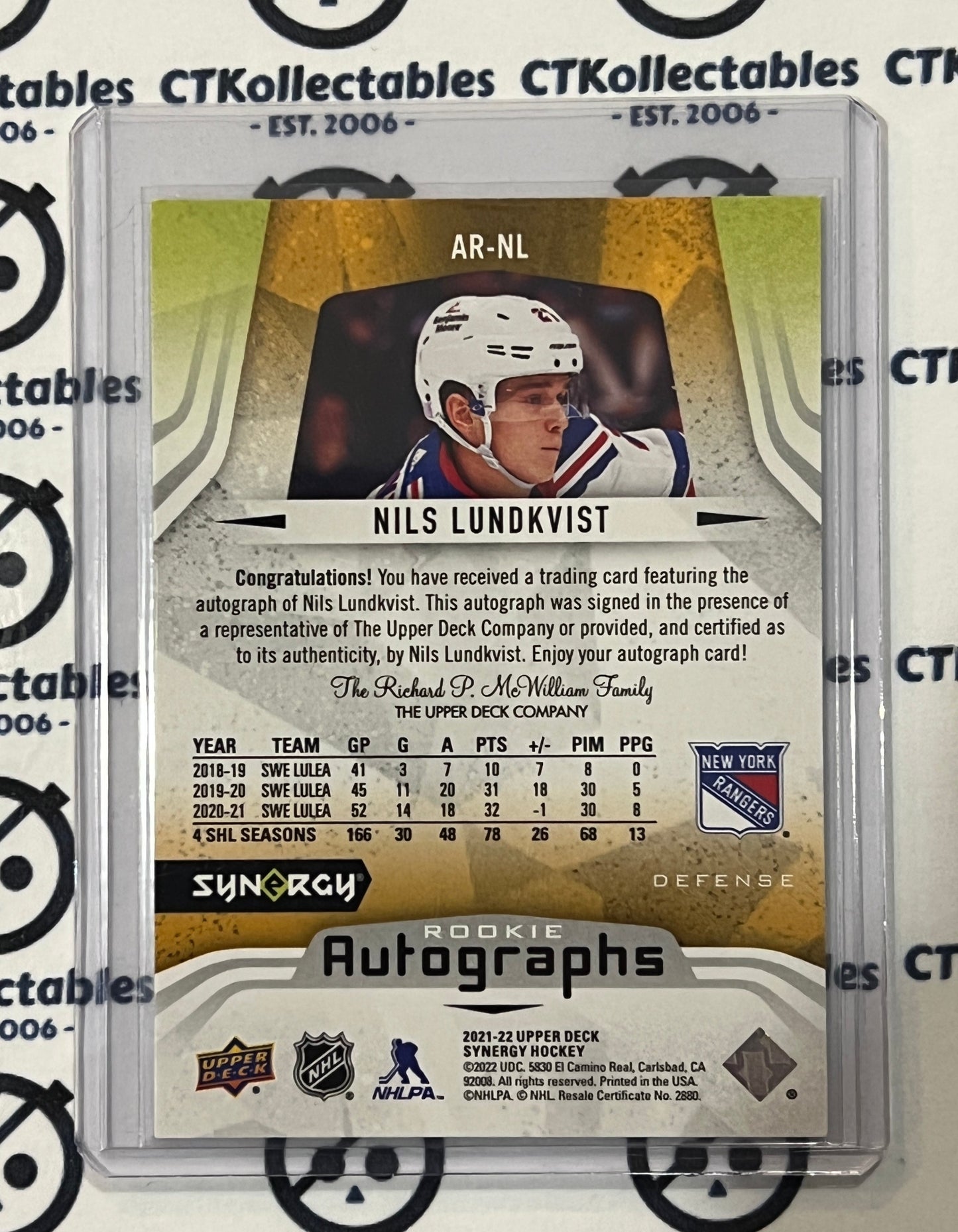 2021-22  UPPER DECK SYNERGY NILS LUNDKVIST # AR-NL AUTOGRAPH  ROOKIE NEW YORK RANGERS  NHL HOCKEY CARD