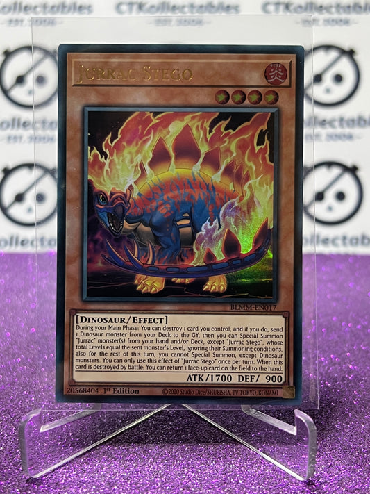 YU-GI-OH! BATTLES OF LEGEND MONSTER MAYHEM JURRAC STEGO # BLMM-EN017 1ST EDITION CARD