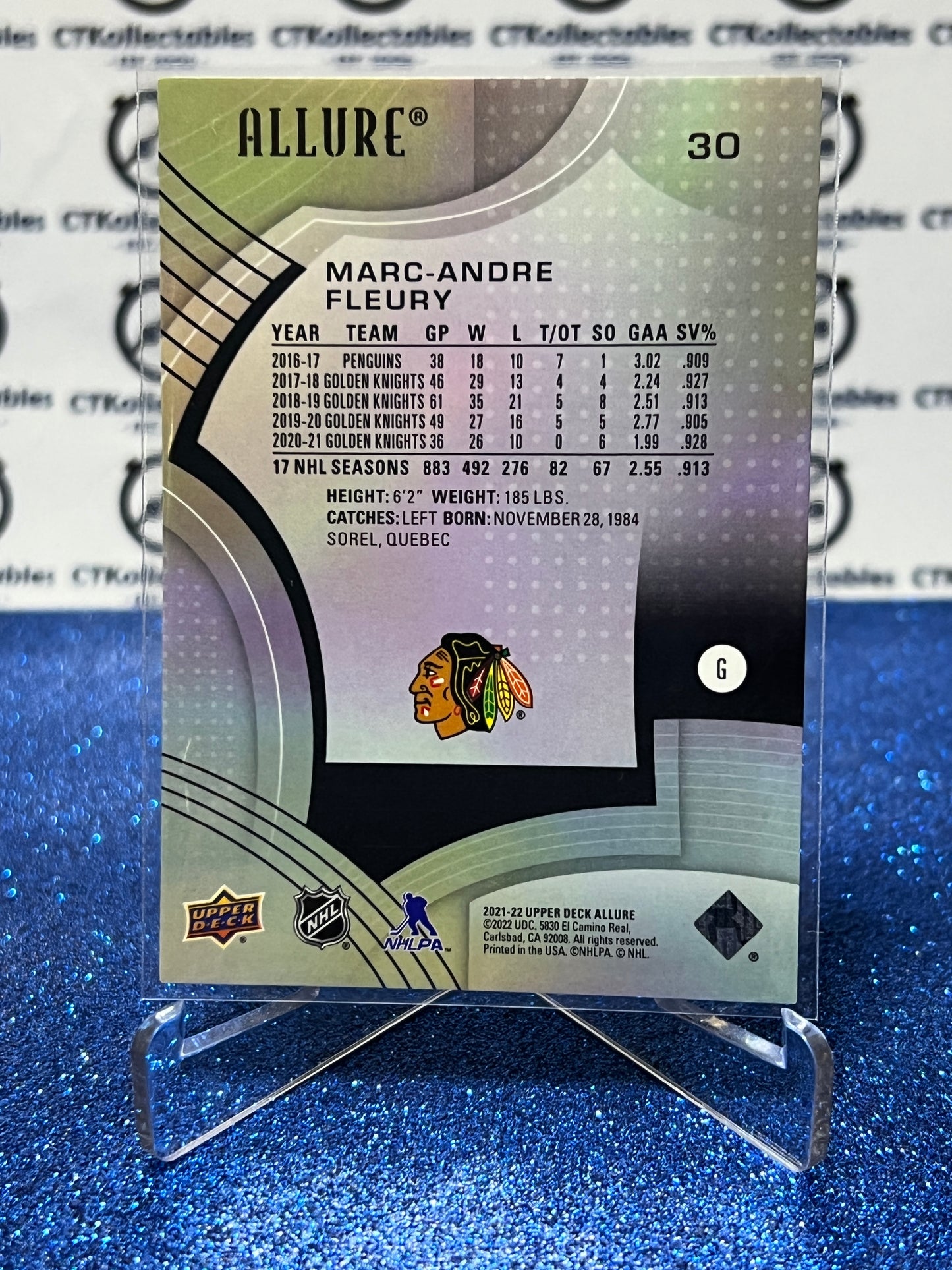 2021-22 UPPER DECK ALLURE MARC-ANDRE FLEURY # 30 CHICAGO BLACKHAWKS NHL HOCKEY CARD