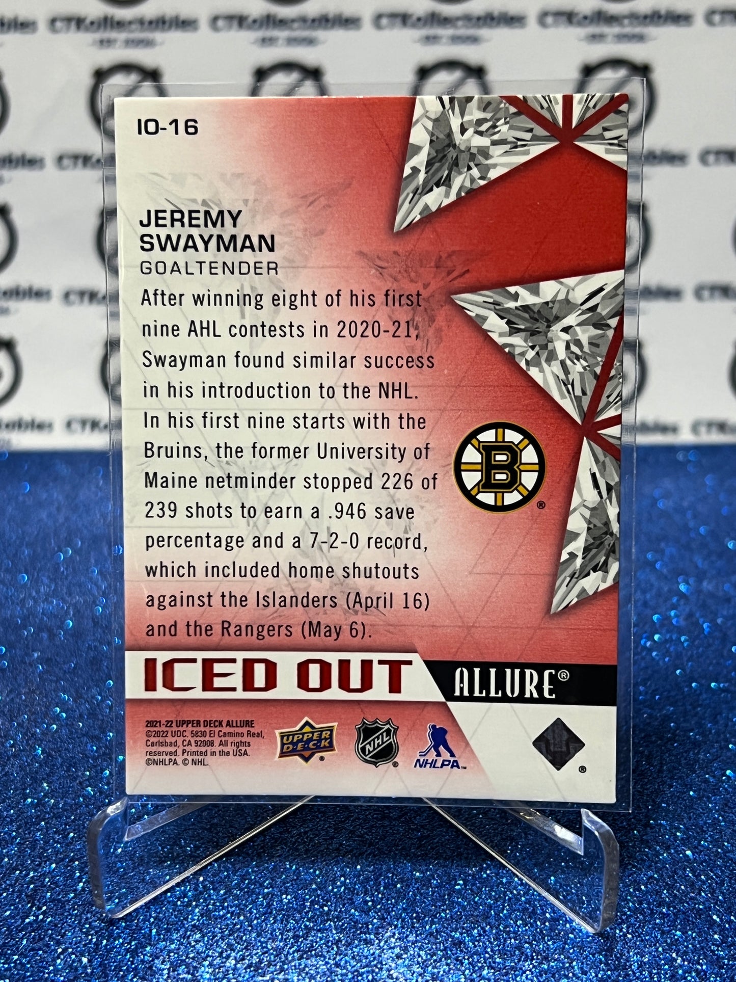 2021-22 UPPER DECK ALLURE JEREMY SWAYMAN # IO-16  ICED OUT BOSTON BRUINS HOCKEY CARD