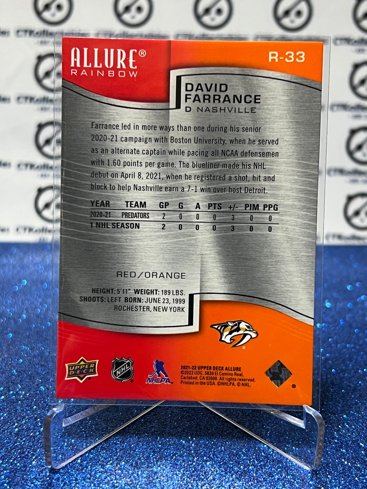 2021-22 UPPER DECK ALLURE DAVID FARRANCE # R-33 ROOKIE RED/ORANGE NASHVILLE PREDATORS NHL HOCKEY TRADING CARD