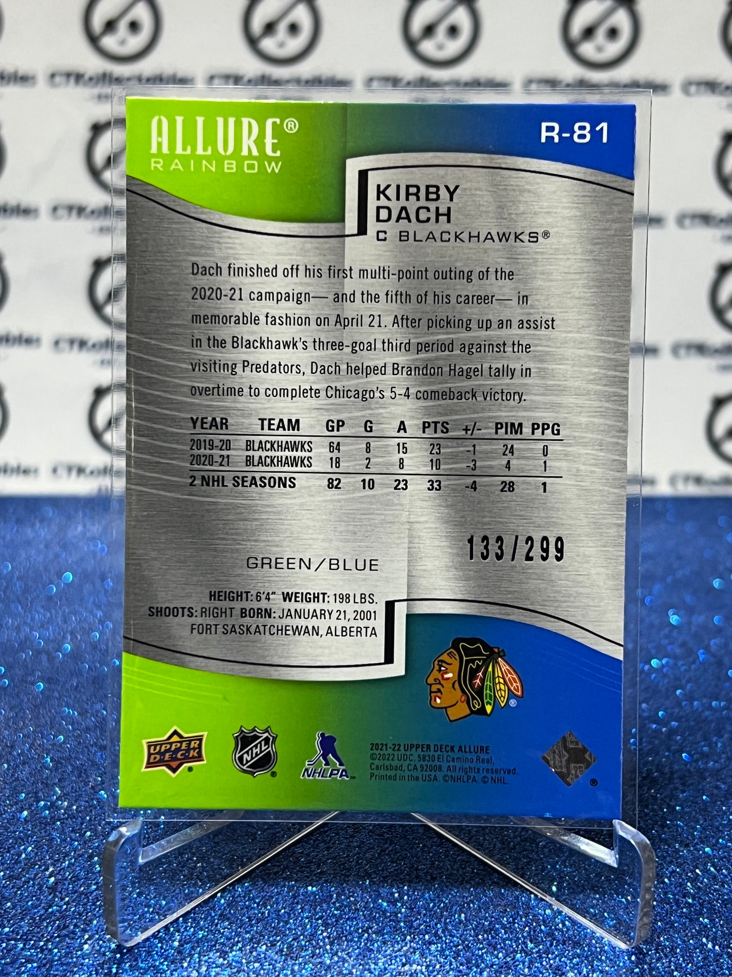2021-22 UPPER DECK ALLURE KIRBY DACH # R-81 GREEN/BLUE RAINBOW  CHICAGO BLACKHAWKS NHL HOCKEY CARD