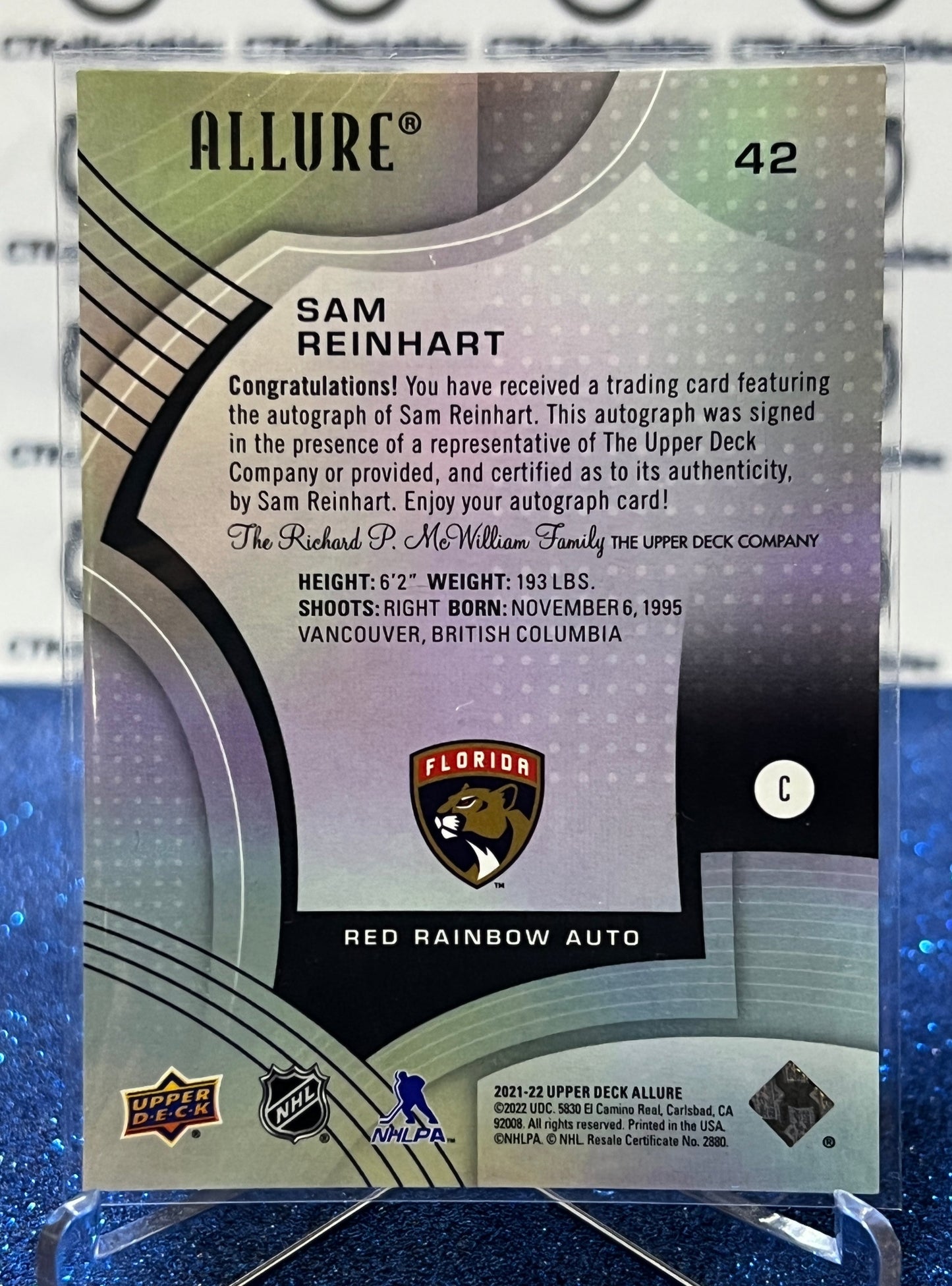 2021-22 UPPER DECK ALLURE SAM REINHART # 42 RED AUTO FLORIDA PANTHERS HOCKEY CARD