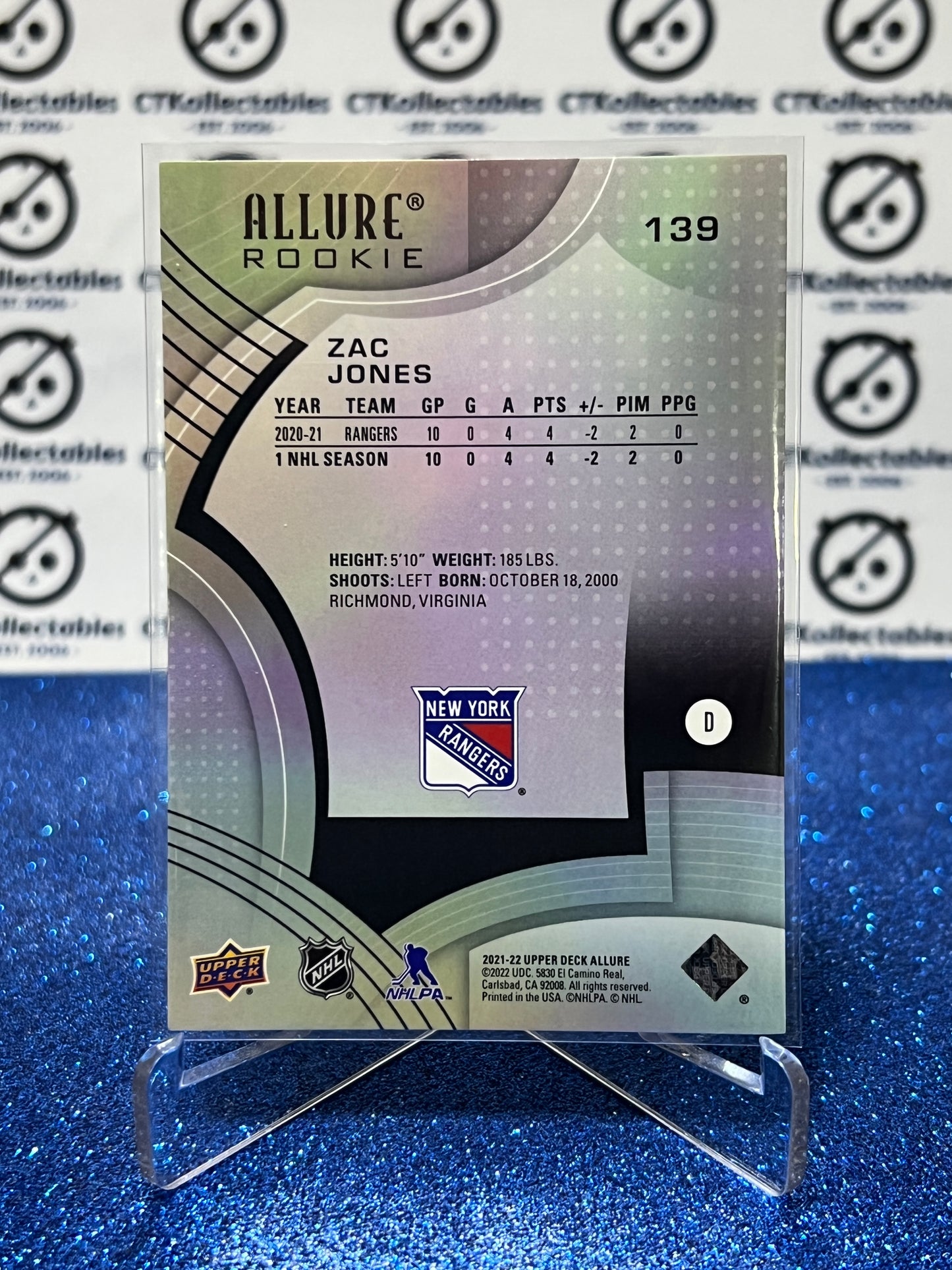 2021-22  UPPER DECK ALLURE ZAC JONES  # 139 ROOKIE  NEW YORK RANGERS  NHL HOCKEY CARD