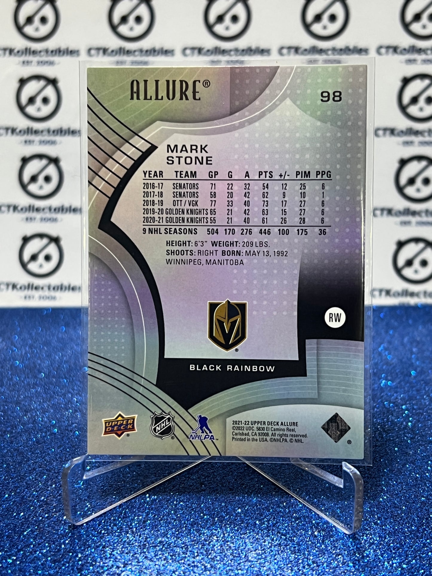 2021-22 UPPER DECK ALLURE MARK STONE # 98 BLACK RAINBOW  NHL GOLDEN KNIGHTS HOCKEY CARD