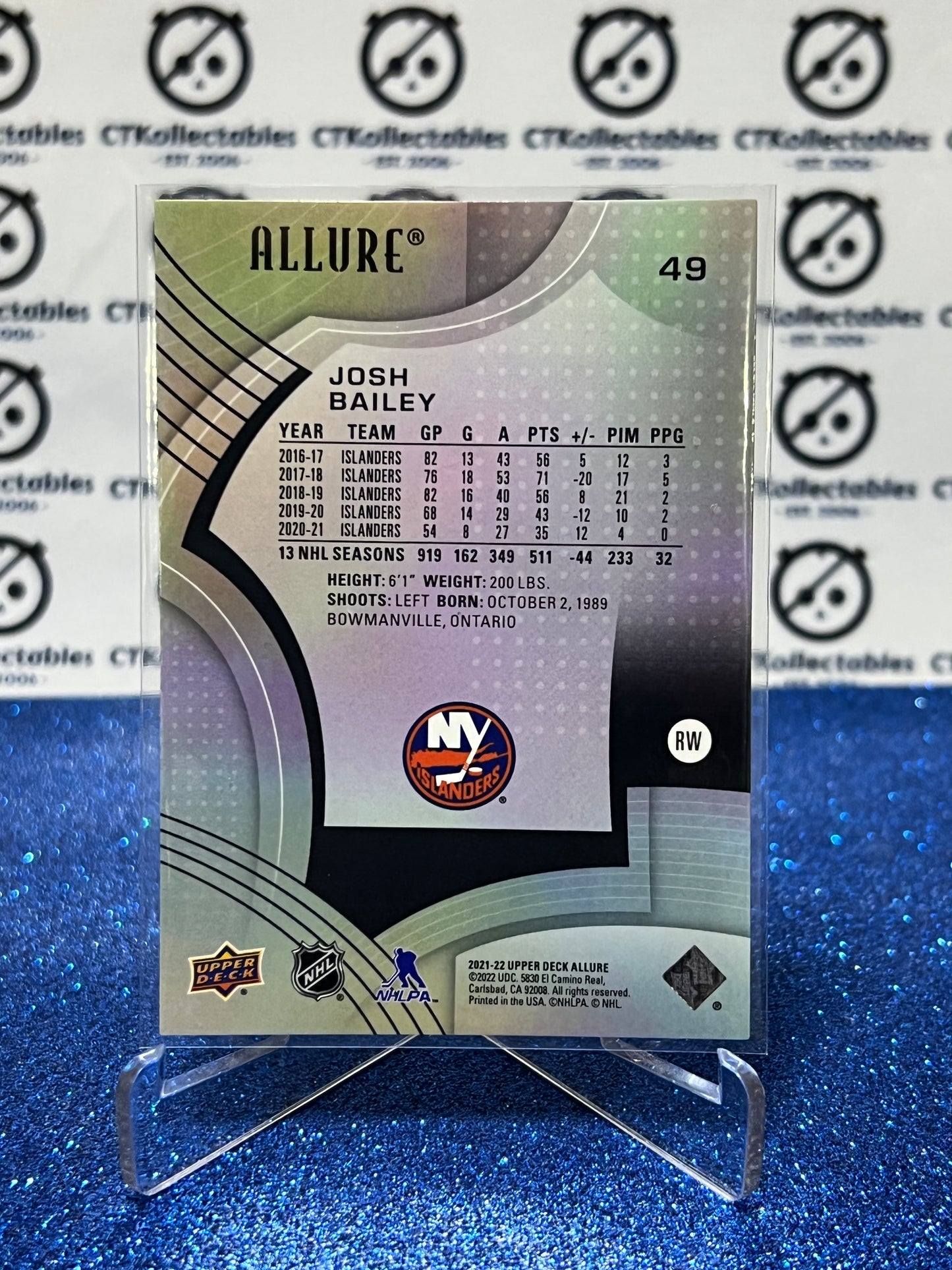 2021-22 UPPER DECK ALLURE JOSH BAILEY # 49 NEW YORK ISLANDERS HOCKEY CARD