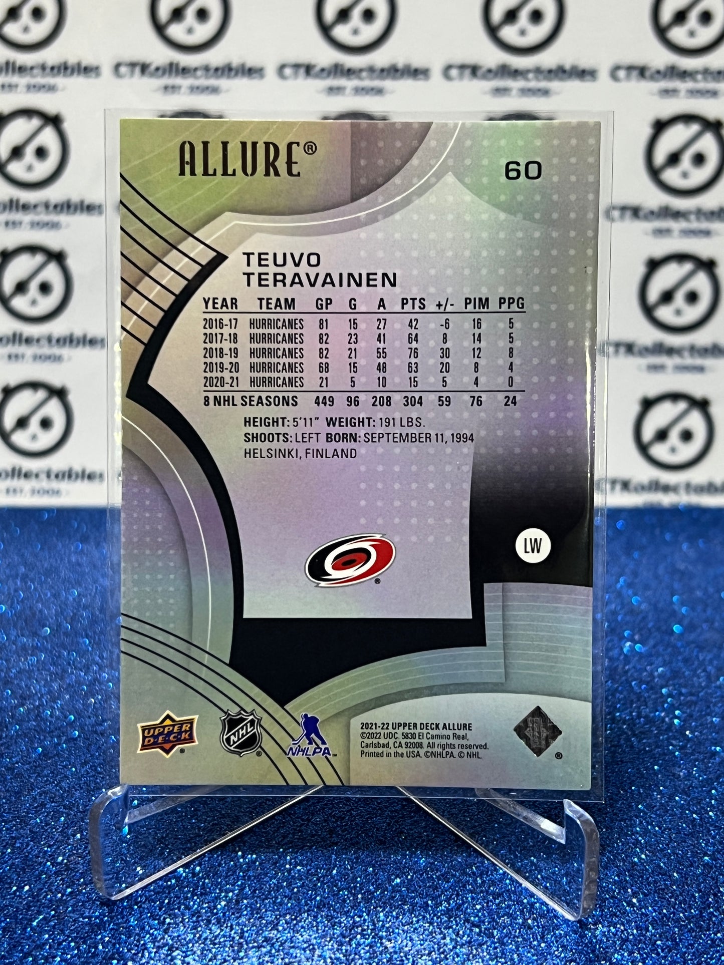 2021-22 UPPER DECK ALLURE TEUVO TERAVAINEN # 60 CAROLINA HURRICANES NHL HOCKEY TRADING CARD