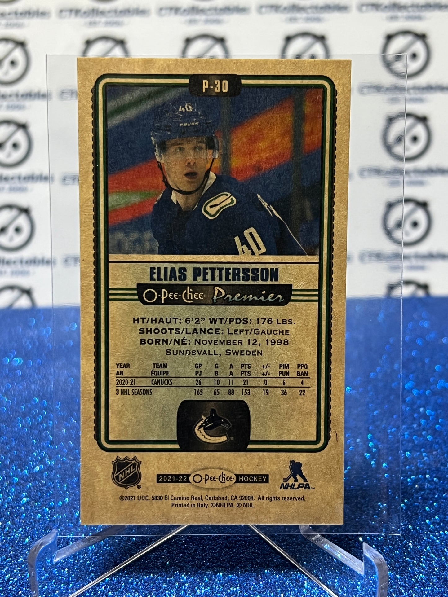 2021-22  O-PEE-CHEE PREMIERS ELLAS PETTERSSON # P-30 TALLBOYS  VANCOUVER CANUCKS NHL HOCKEY TRADING CARD