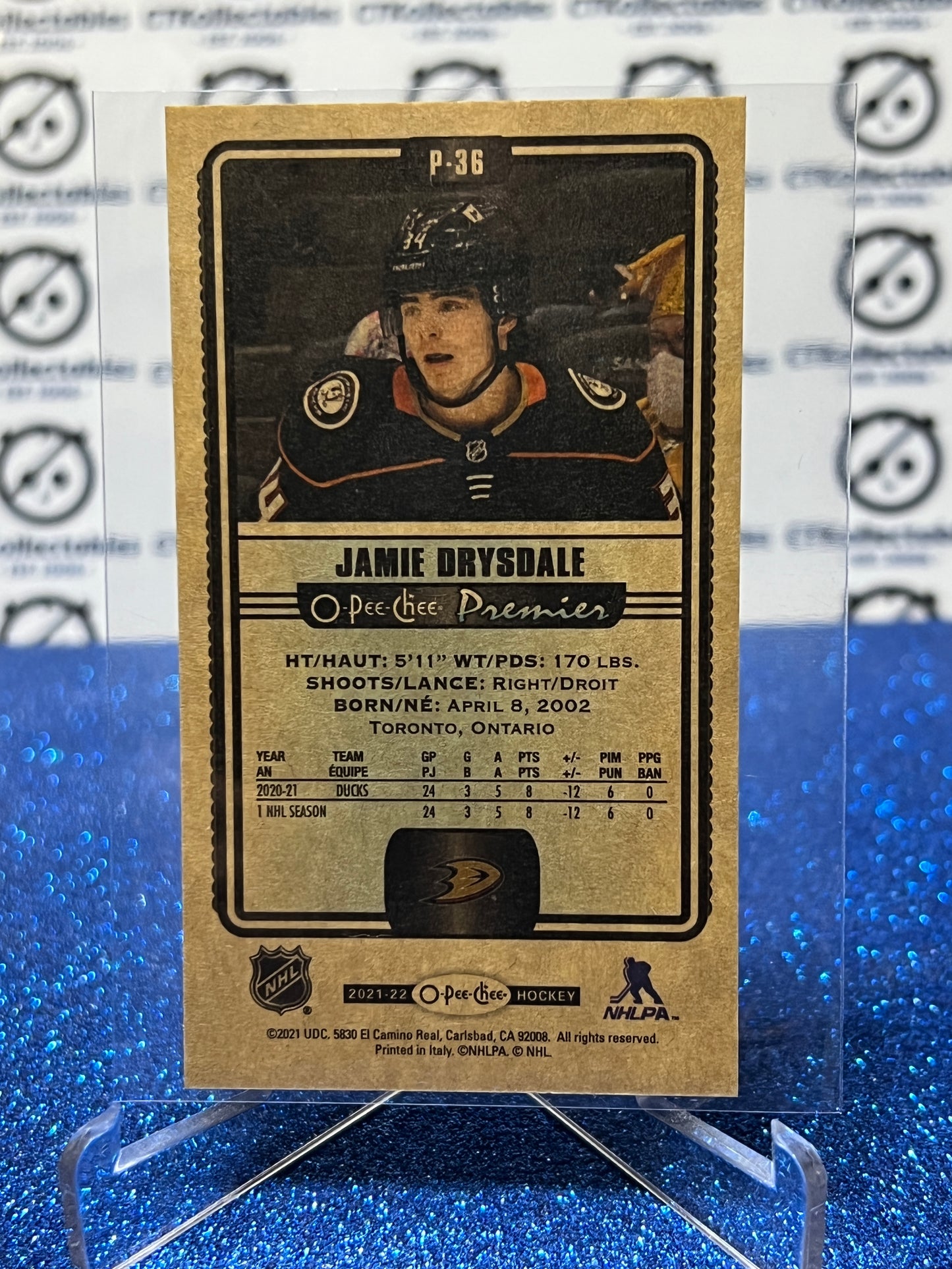 2021-22 O-PEE-CHEE PREMIER JAMIE DRYSDALE # P-36 ROOKIE TALLBOYS ANAHEIM DUCKS NHL HOCKEY CARD