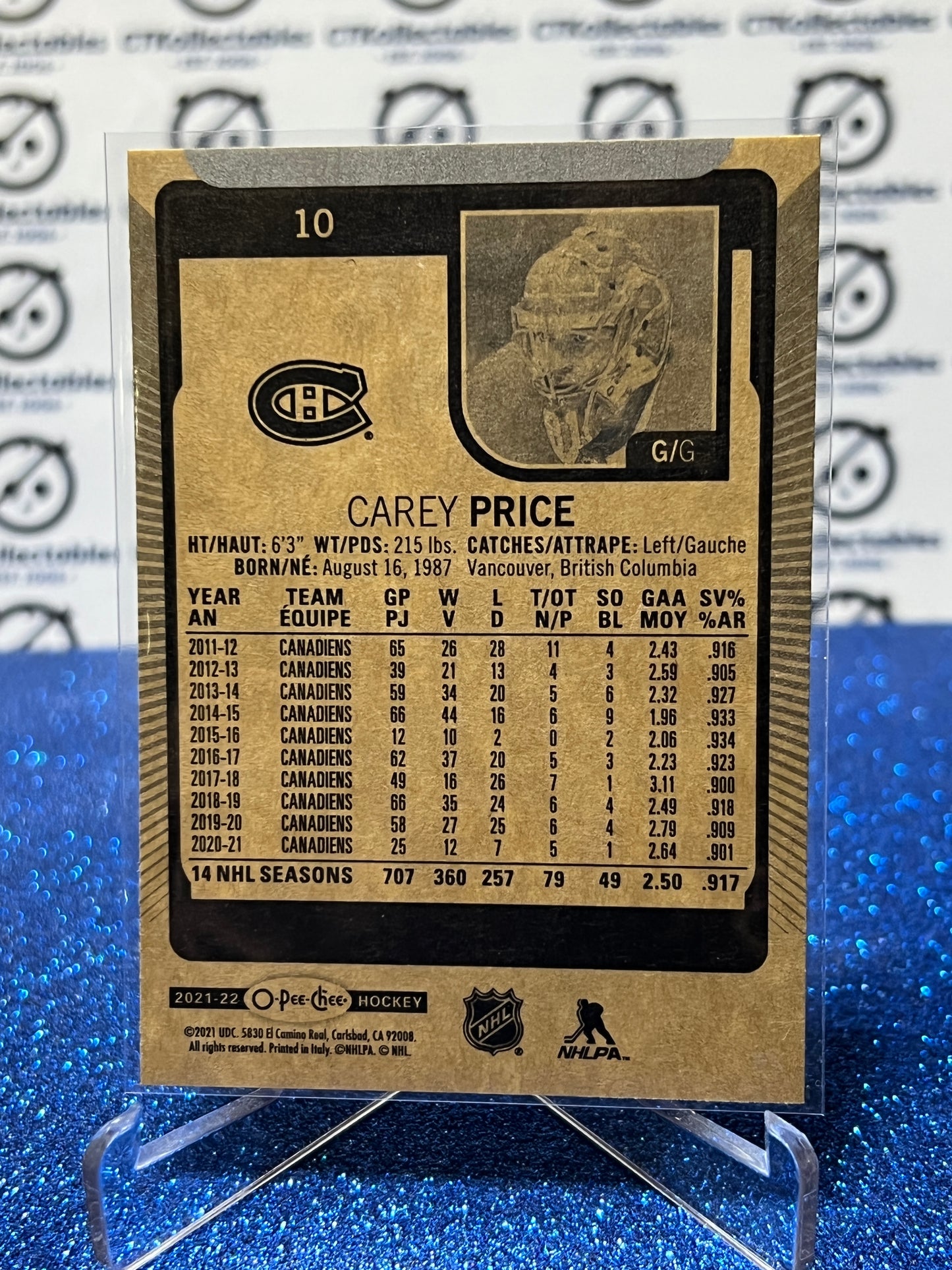 2021-22 O-PEE-CHEE  CAREY PRICE # 10  GOALTENDER  MONTREAL CANADIANS NHL HOCKEY CARD