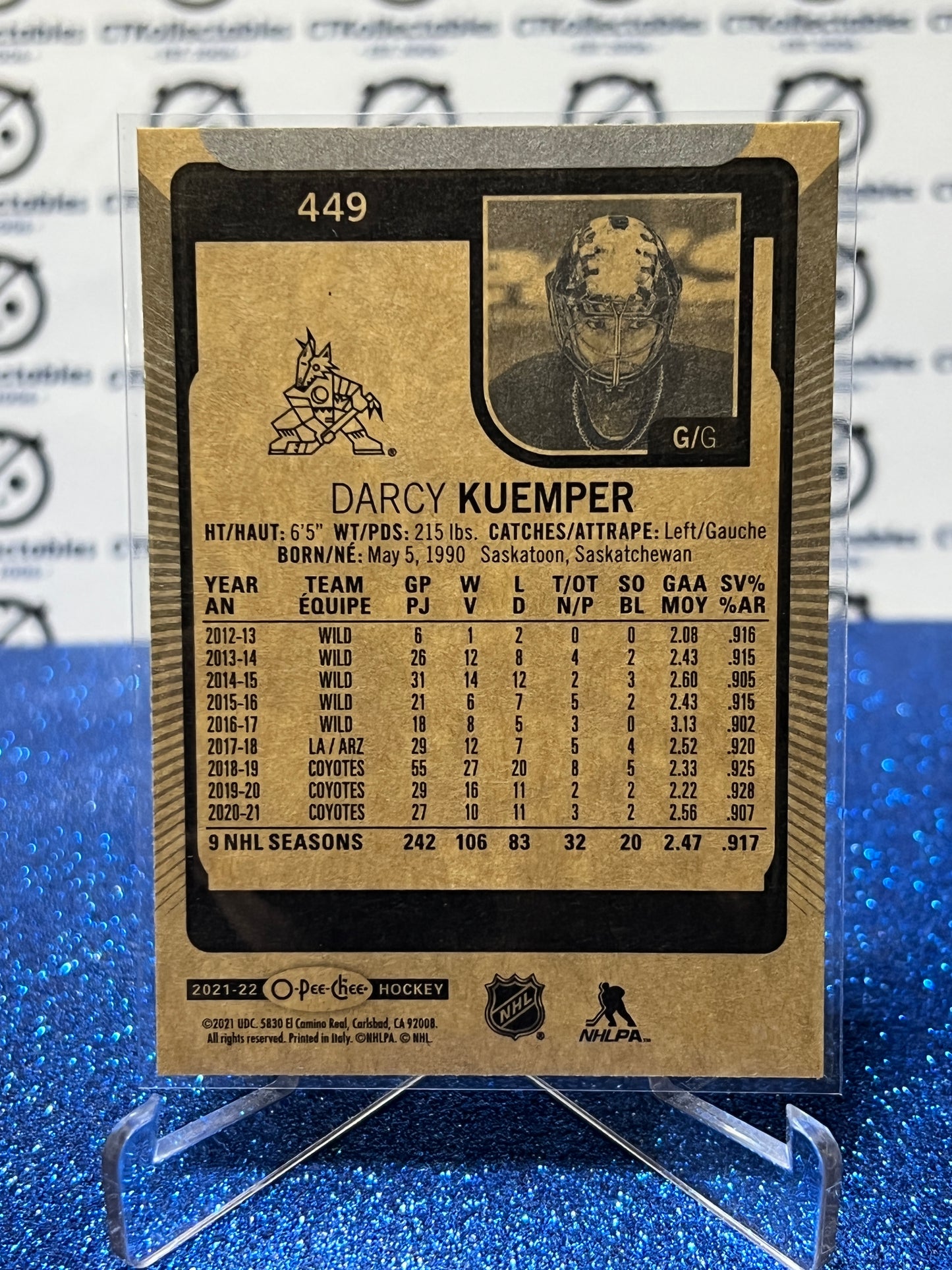 2021-22 O-PEE CHEE DARCY KUEMPER # 449 GOALTENDER ARIZONA COYOTES  NHL HOCKEY CARD