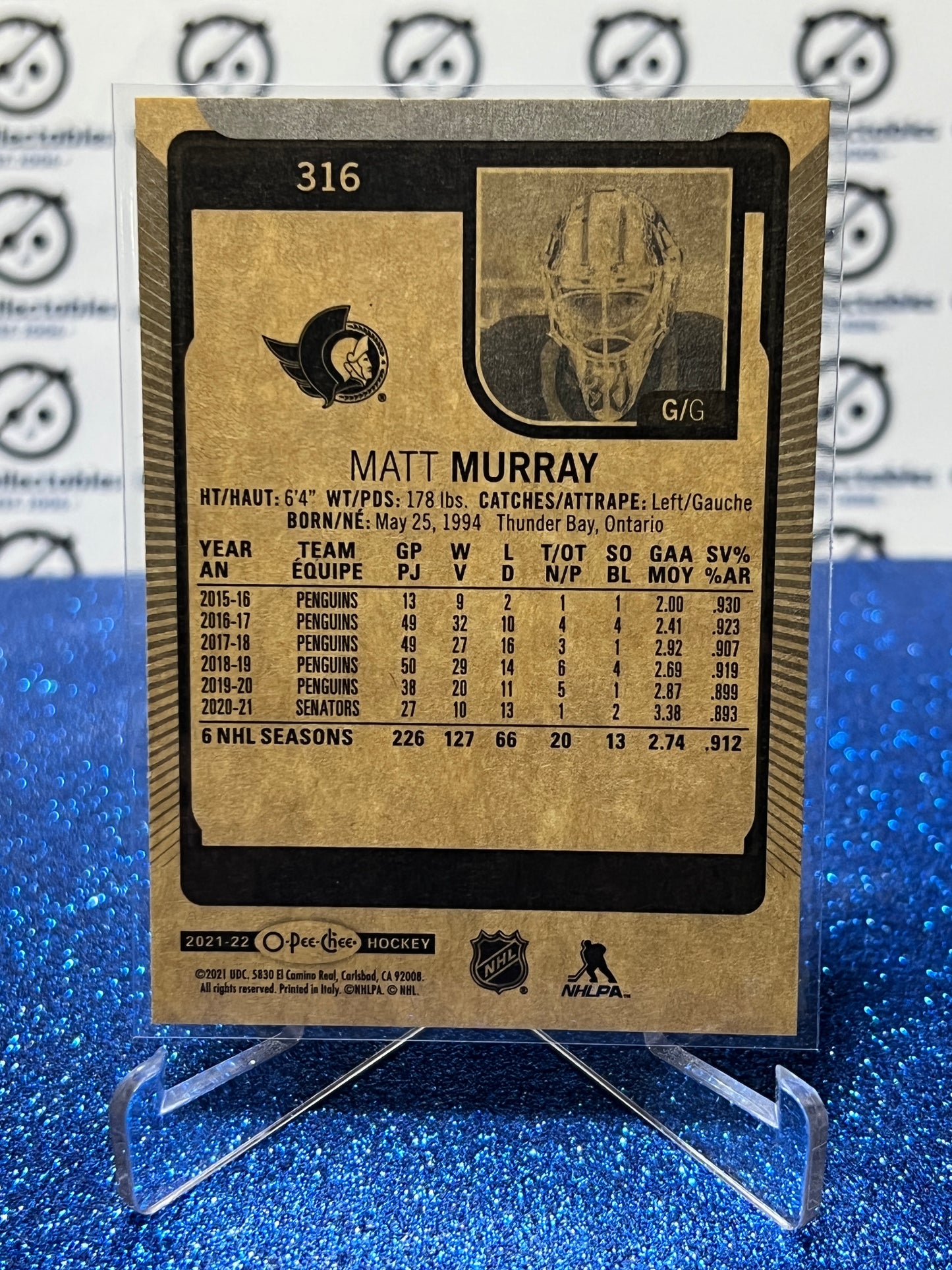 2021-22 O-PEE-CHEE MATT MURRAY # 316 OTTAWA SENATORS NHL HOCKEY CARD