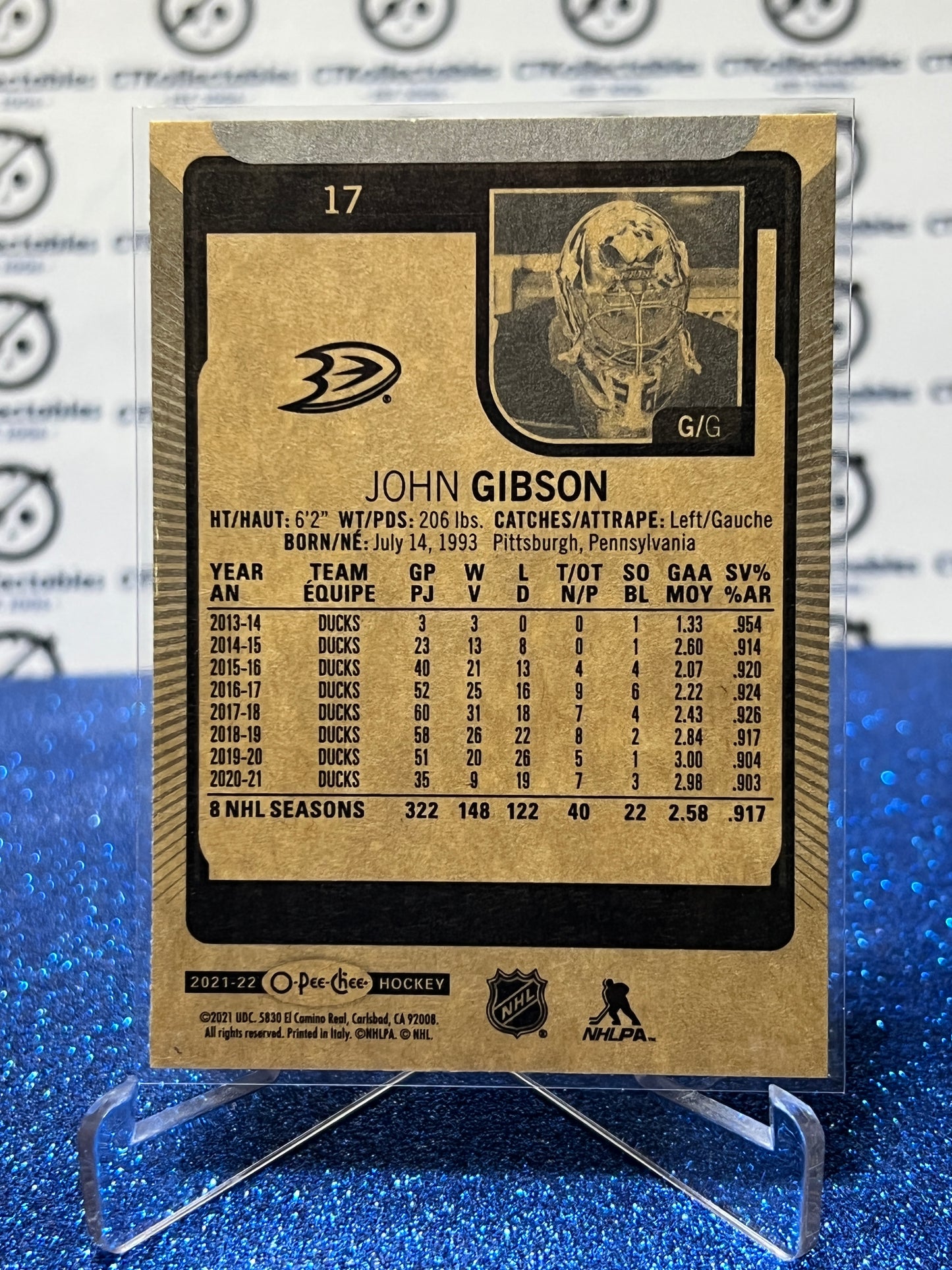 2021-22 O-PEE-CHEE JOHN GIBSON # 17 ANAHEIM DUCKS NHL HOCKEY CARD