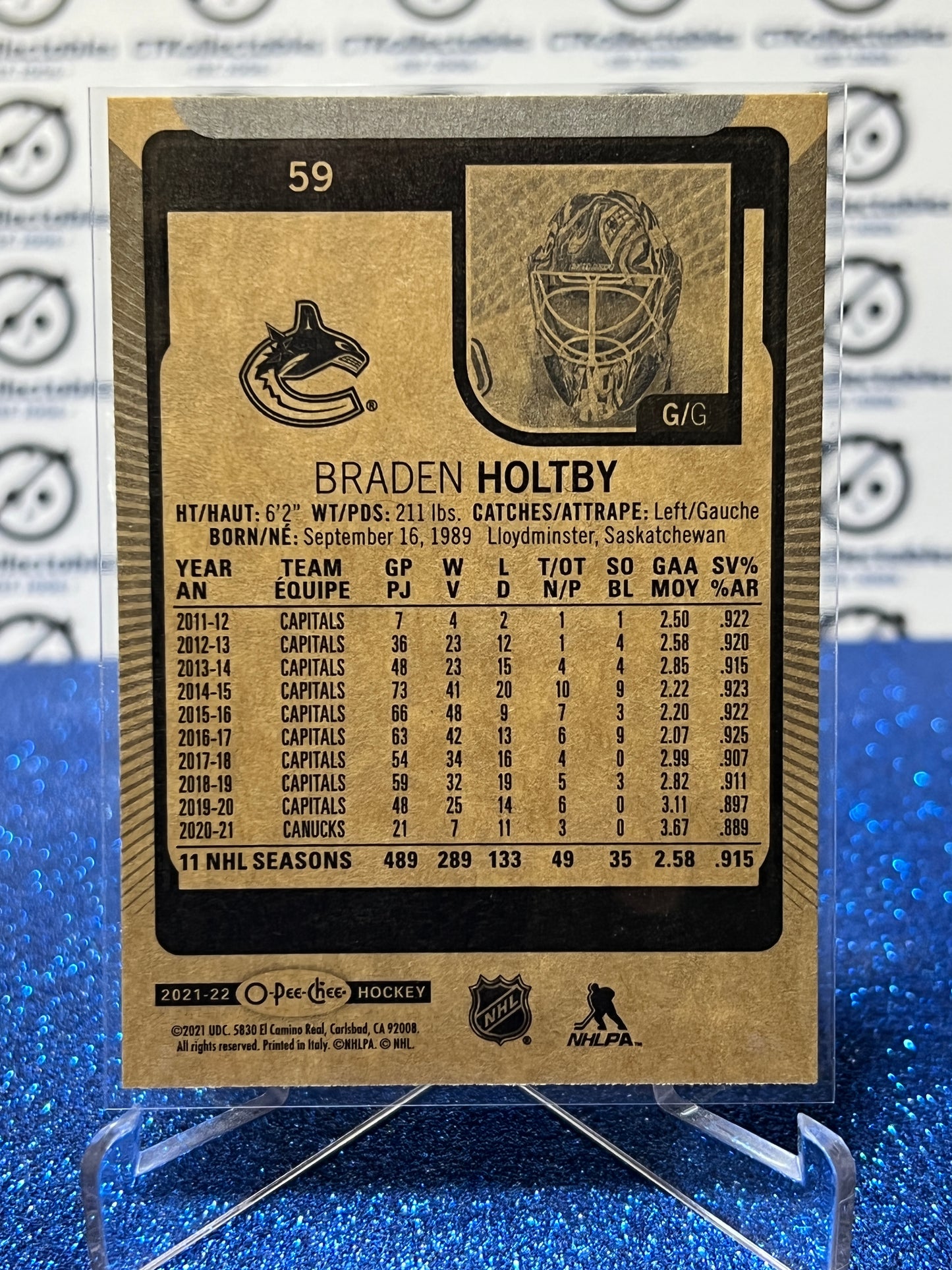 2021-22  O-PEE-CHEE BRADEN HOLTBY # 59 VANCOUVER CANUCKS NHL HOCKEY TRADING CARD