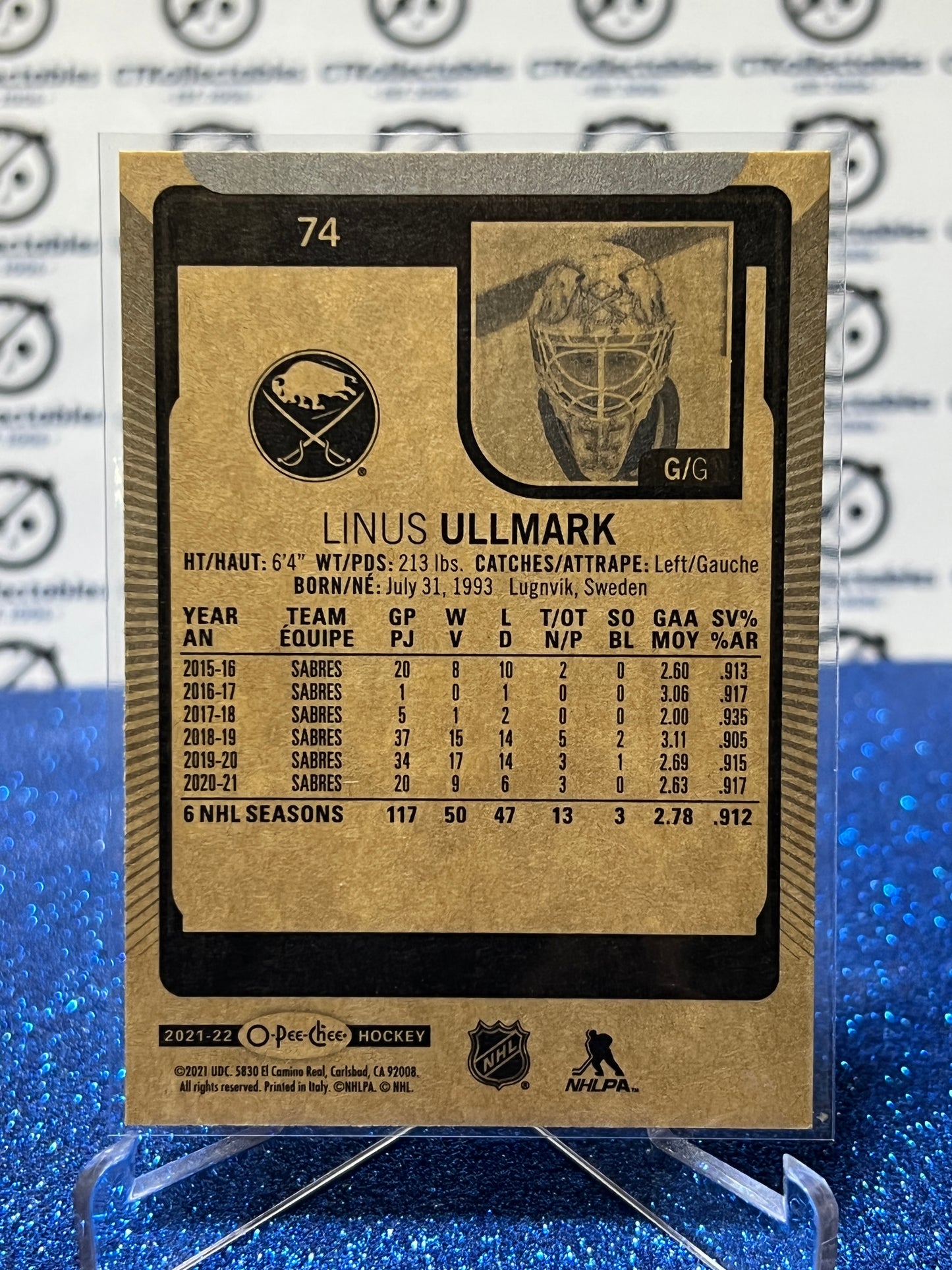 2021-22 O-PEE CHEE LINUS ULLMARK # 74  BUFFALO SABRES NHL HOCKEY TRADING CARD