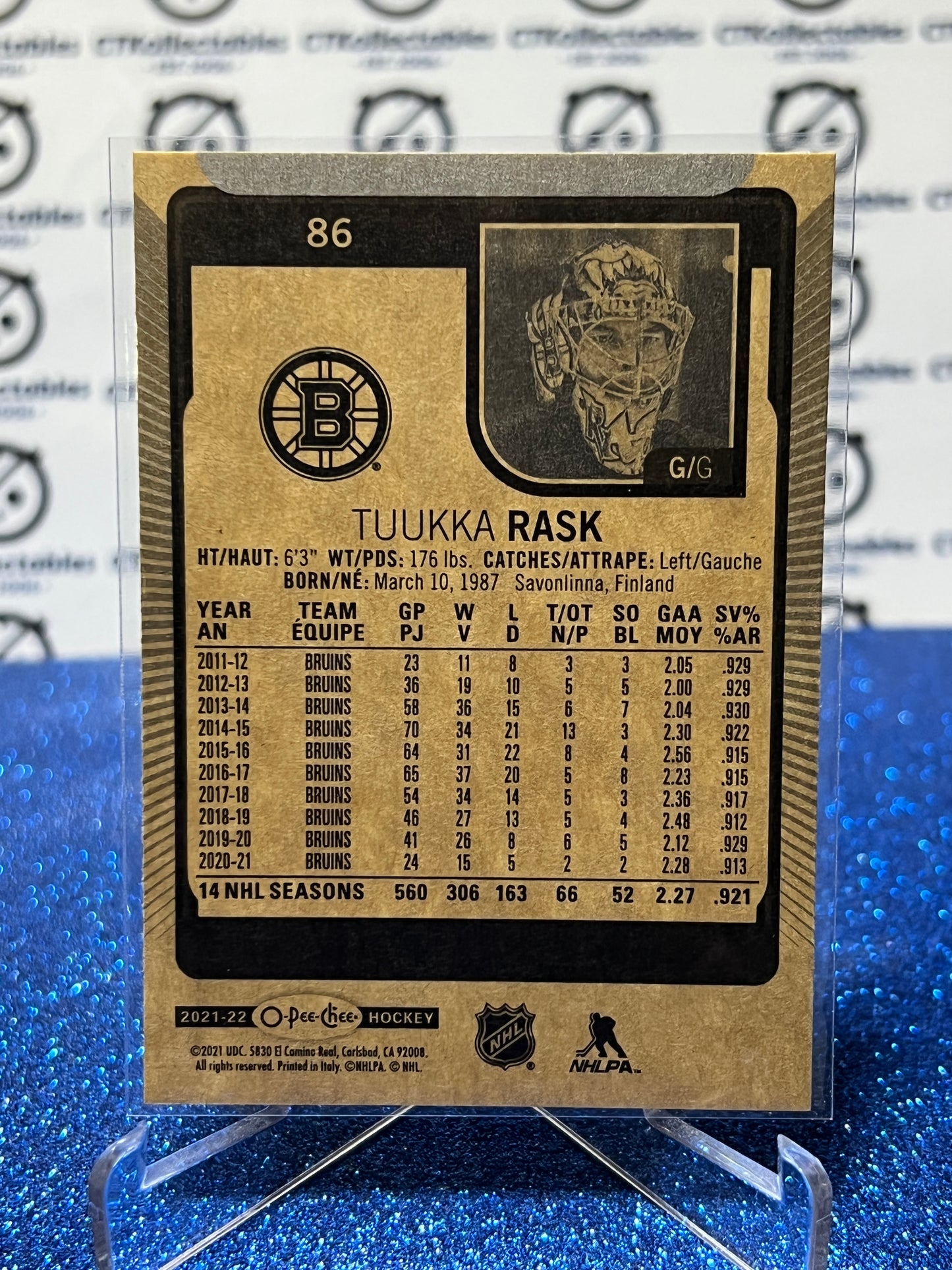 2021-22 O-PEE-CHEE TUUKKA RASK # 86 BOSTON BRUINS NHL HOCKEY CARD