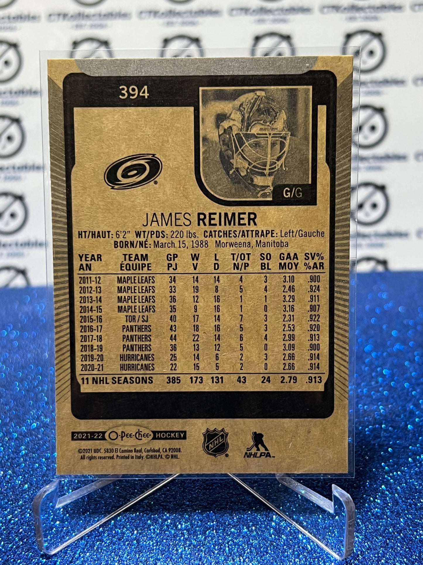 2021-22 O-PEE-CHEE JAMES REIMER # 394 CAROLINA HURRICANES NHL HOCKEY TRADING CARD