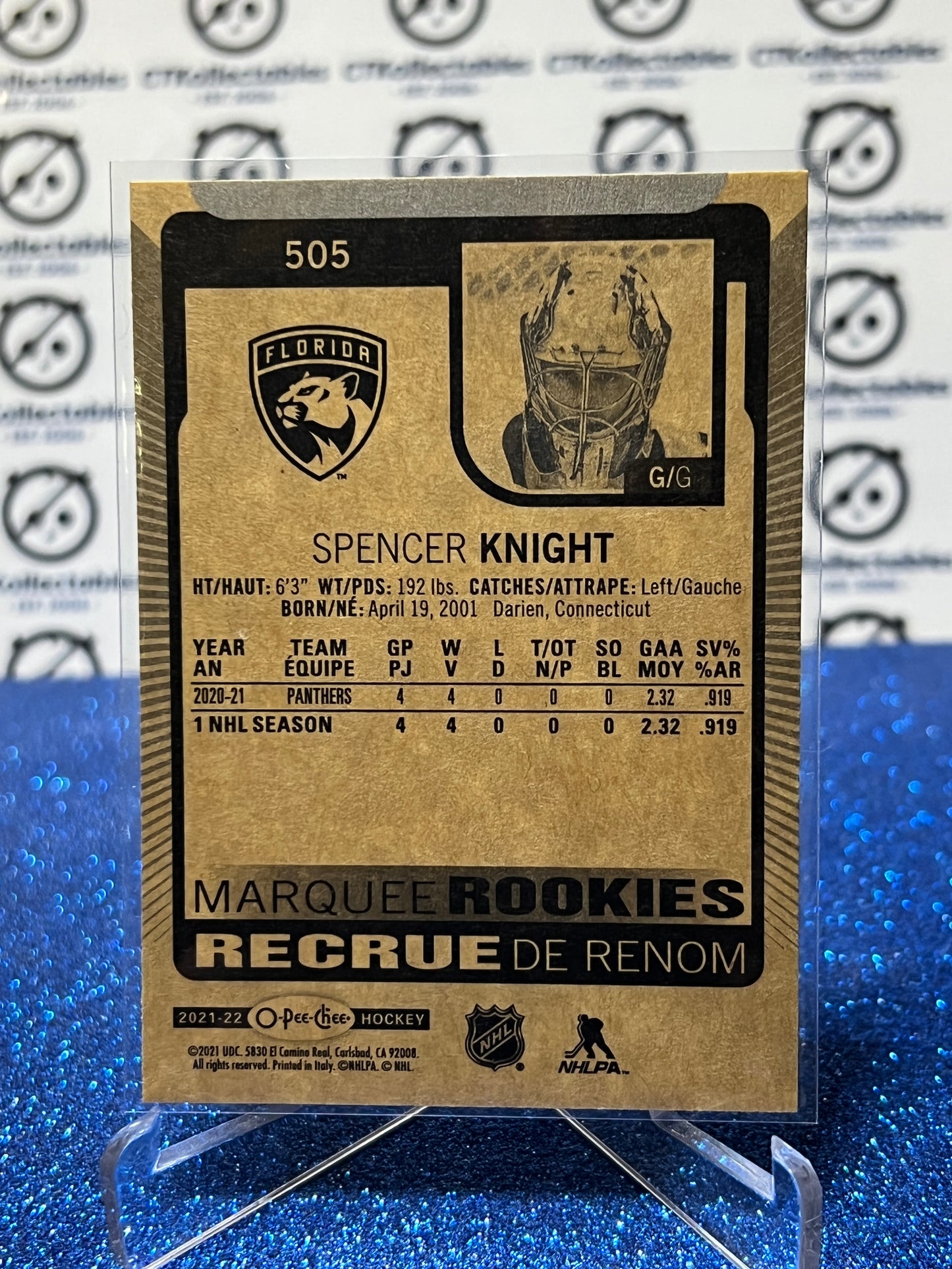 2021-22 O-PEE-CHEE SPENCER KNIGHT # 505 MARQUEE ROOKIE FLORIDA PANTHERS NHL HOCKEY CARD