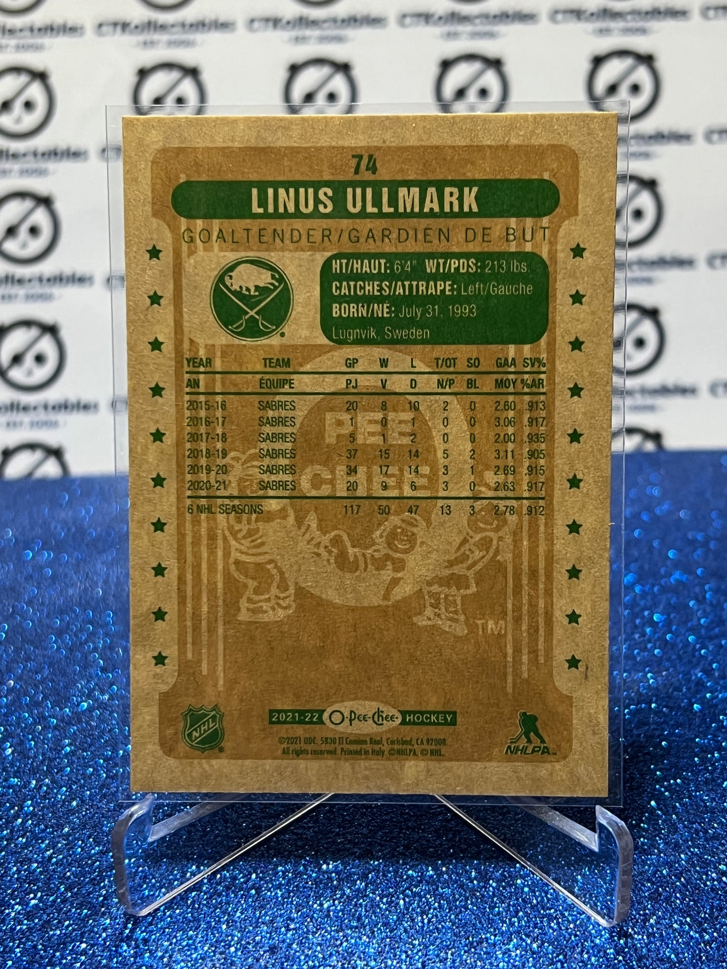 2021-22 O-PEE CHEE LINUS ULLMARK # 74  RETRO BUFFALO SABRES NHL HOCKEY TRADING CARD