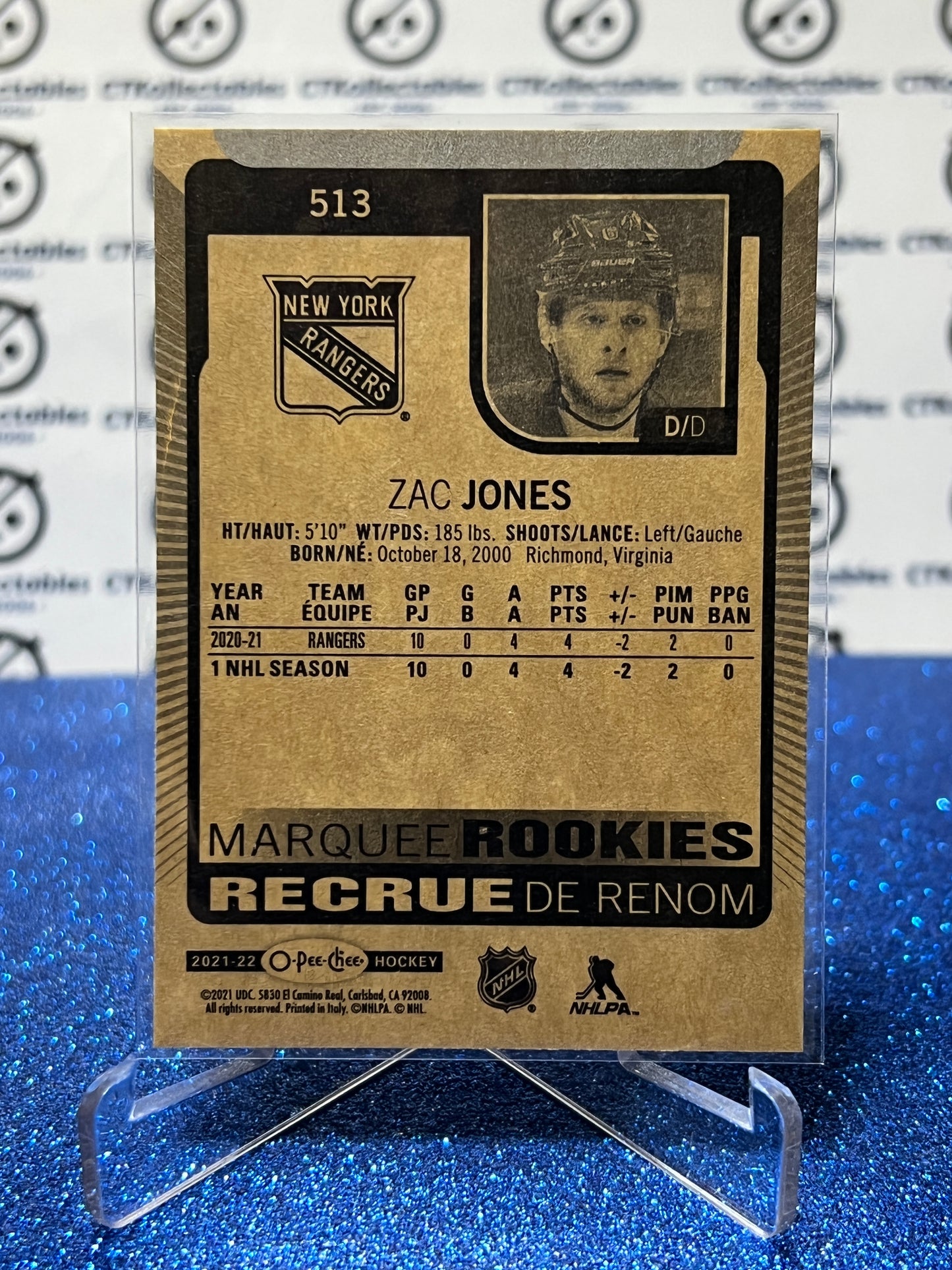 2021-22  O-PEE-CHEE ZAC JONES # 513 MARQUE ROOKIES  NEW YORK RANGERS  NHL HOCKEY CARD