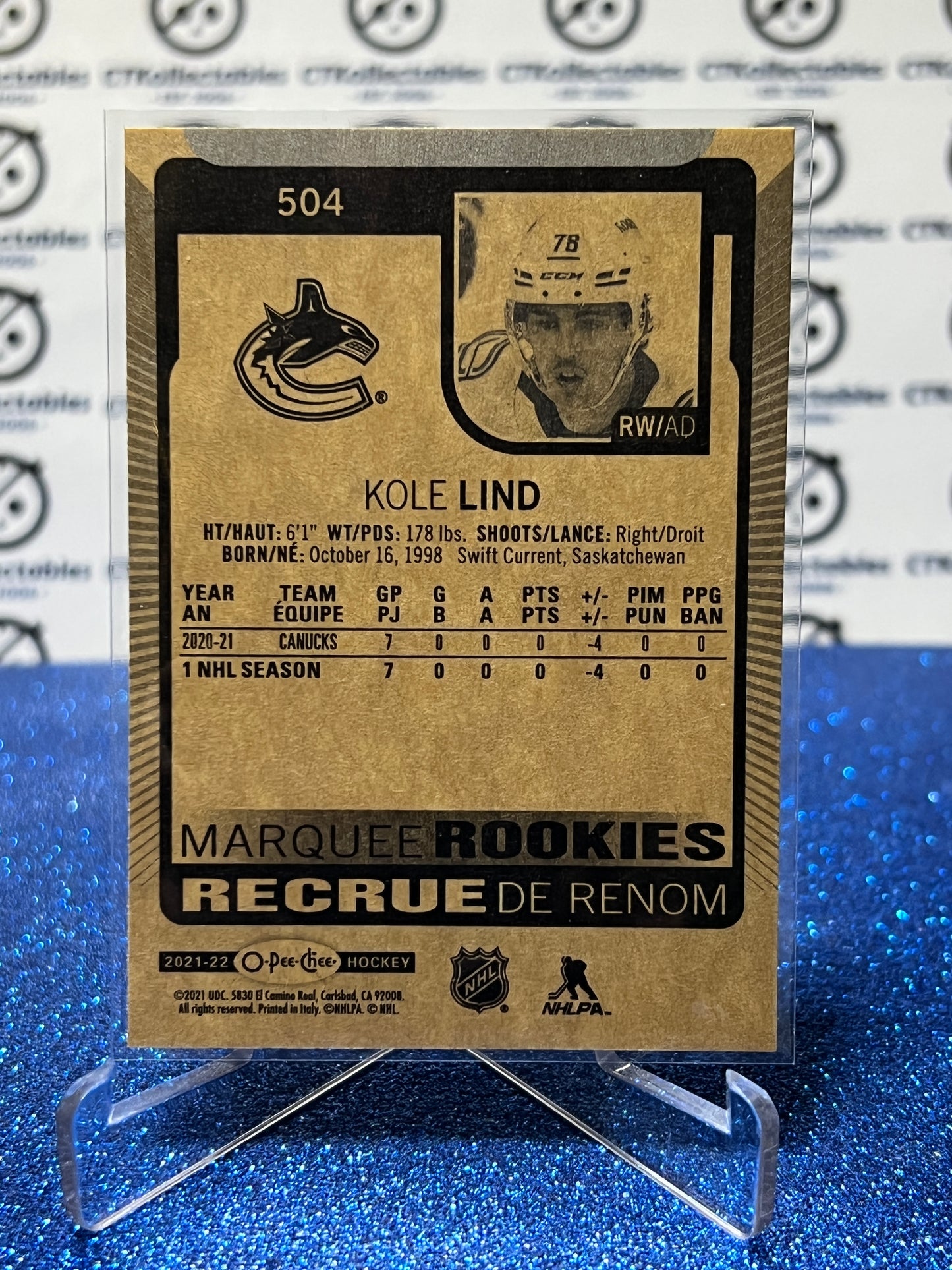 2021-22  O-PEE-CHEE KOLE LIND # 504 MARQUEE ROOKIES  VANCOUVER CANUCKS NHL HOCKEY TRADING CARD