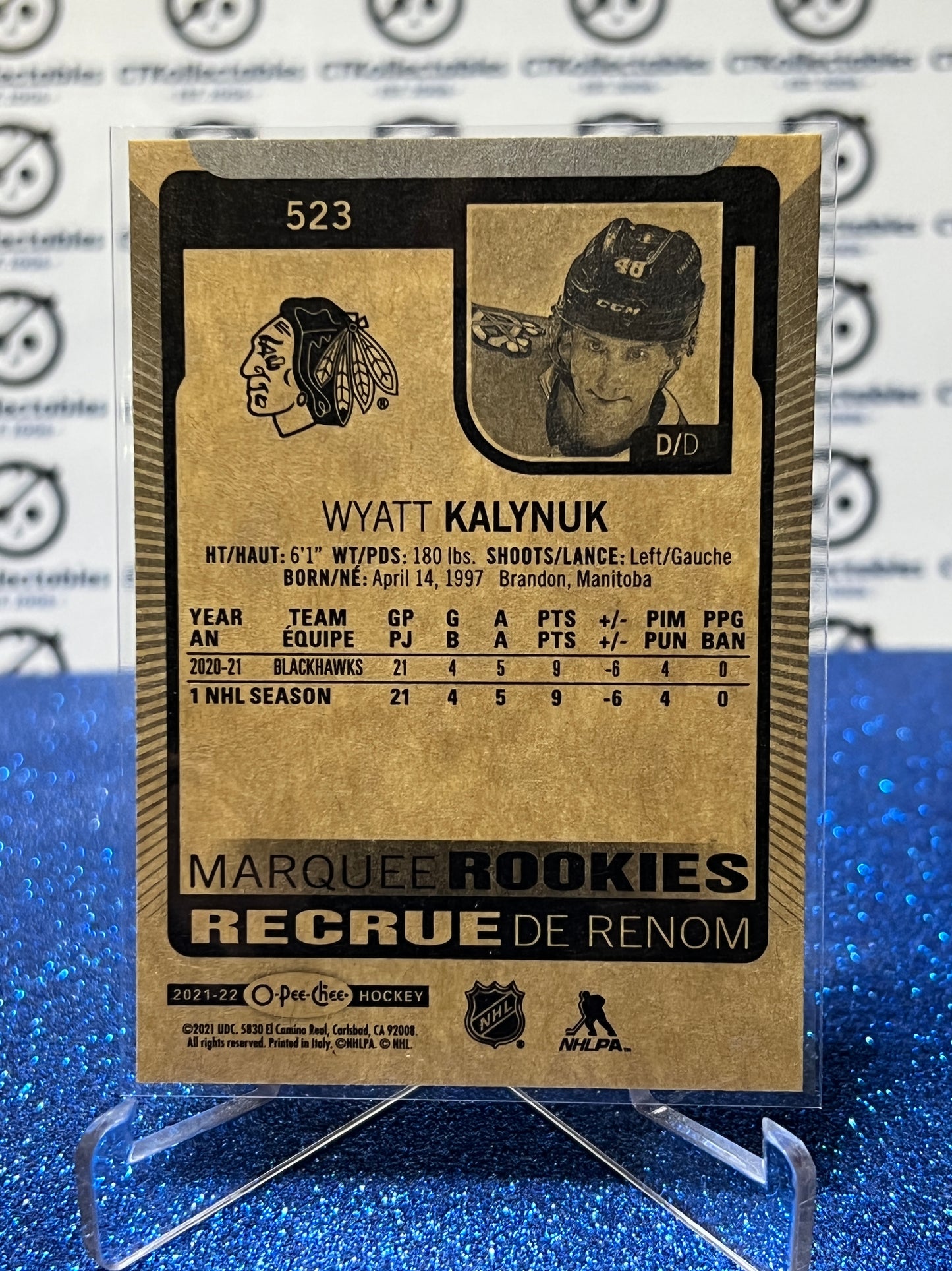 2021-22 O-PEE-CHEE WYATT KALYNUK # 523 MACQUEE ROOKIE CHICAGO BLACKHAWKS HOCKEY CARD