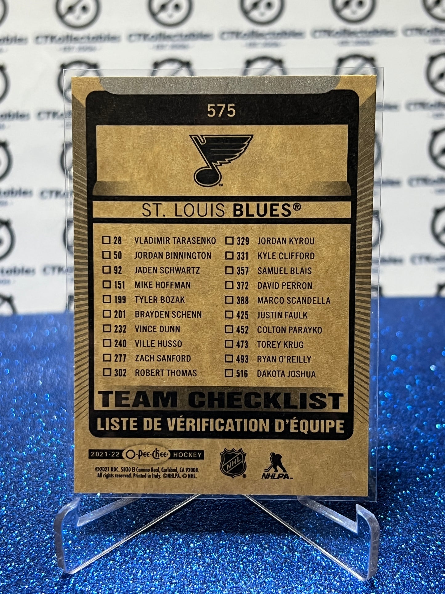 2021-22 O-PEE-CHEE TEAM CHECKLIST # 575 ST. LOUIS BLUES NHL HOCKEY CARD