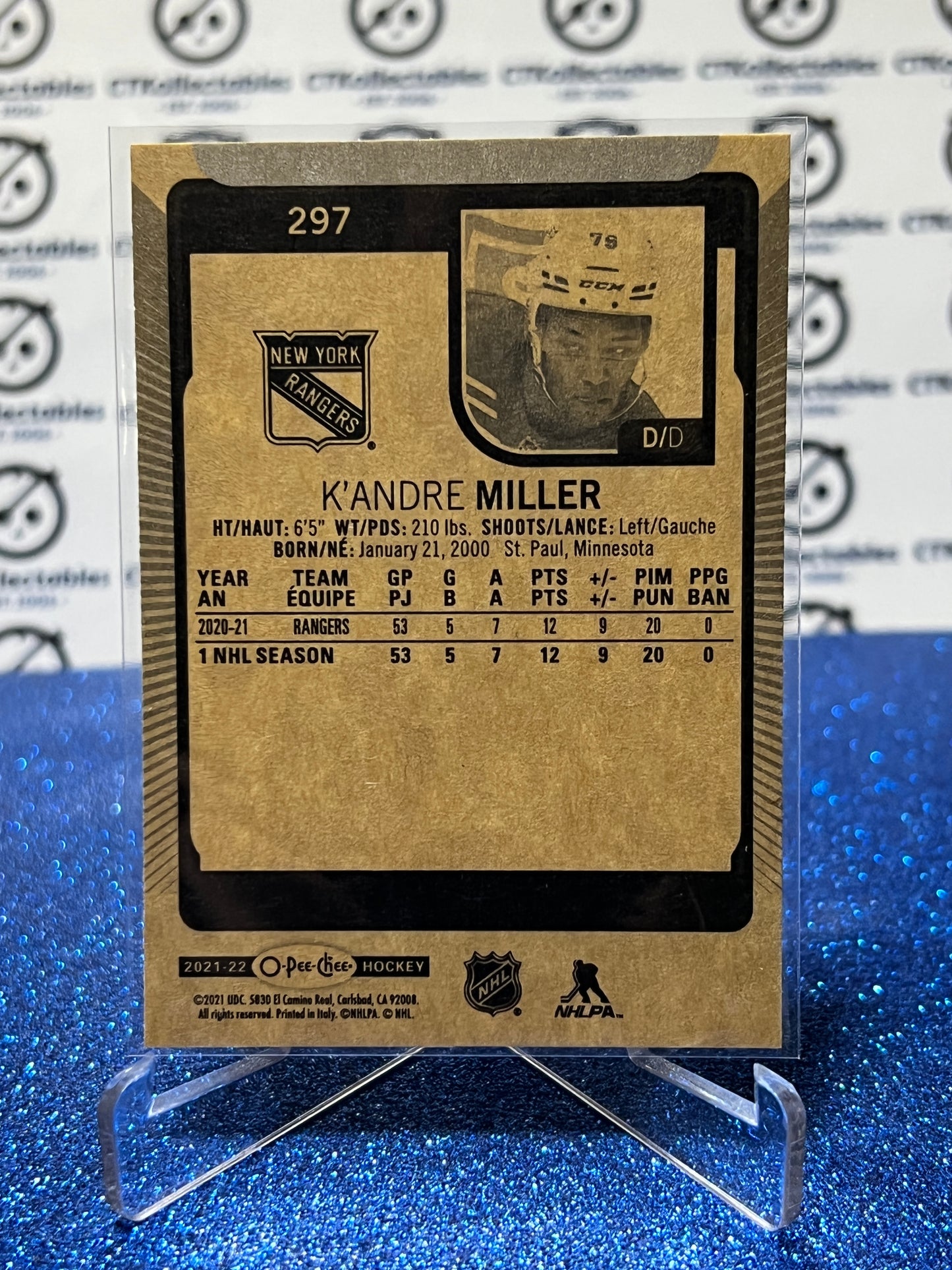 2021-22  O-PEE-CHEE K'ANDRE MILLER  # 297 ROOKIE NEW YORK RANGERS  NHL HOCKEY CARD