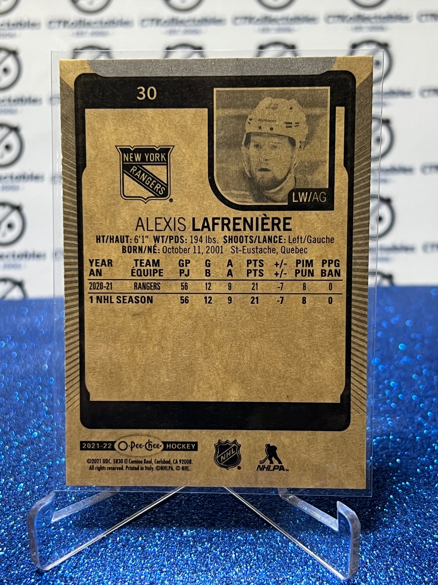 2021-22  O-PEE-CHEE ALEXIS LAFRENIERE  # 30 ROOKIE NEW YORK RANGERS  NHL HOCKEY CARD