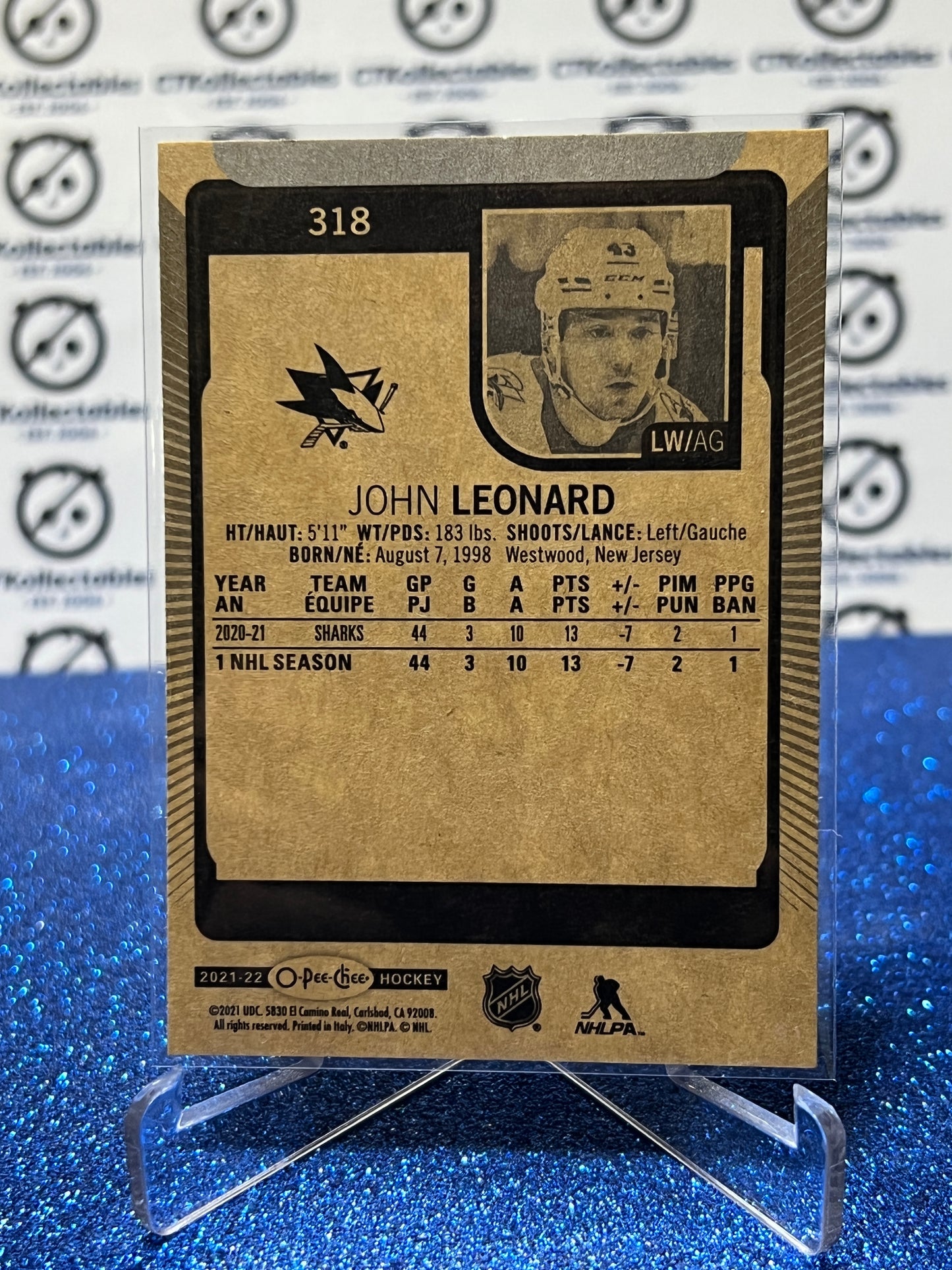 2021-22 O-PEE-CHEE JOHN LEONARD # 318  ROOKIE SAN JOSE SHARKS NHL HOCKEY CARD