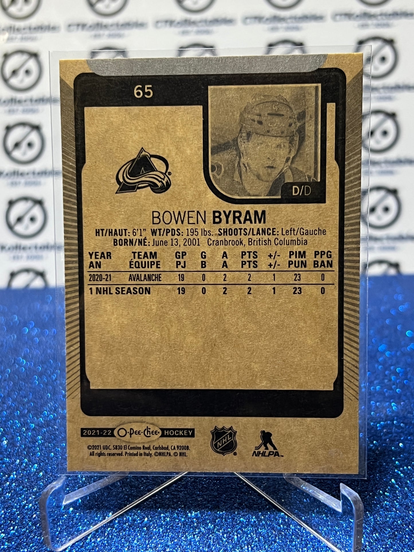 2021-22  O-PEE-CHEE BOWEN BYRAM # 65 ROOKIE COLORADO AVALANCHE  NHL HOCKEY  CARD