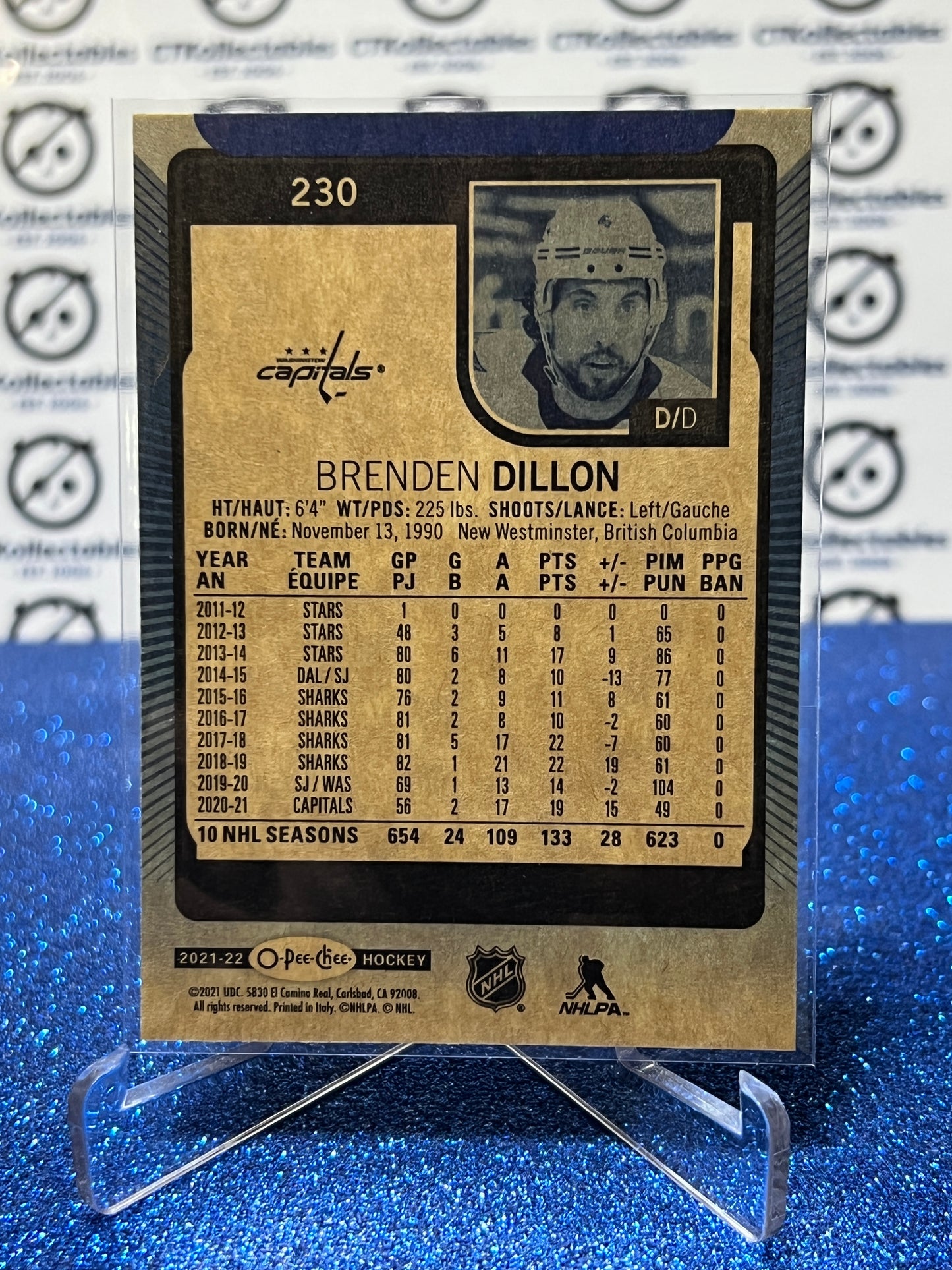 2021-22 O-PEE-CHEE BRENDEN DILLION # 230 BLUE PARALLEL WASHINGTON CAPITALS NHL HOCKEY CARD