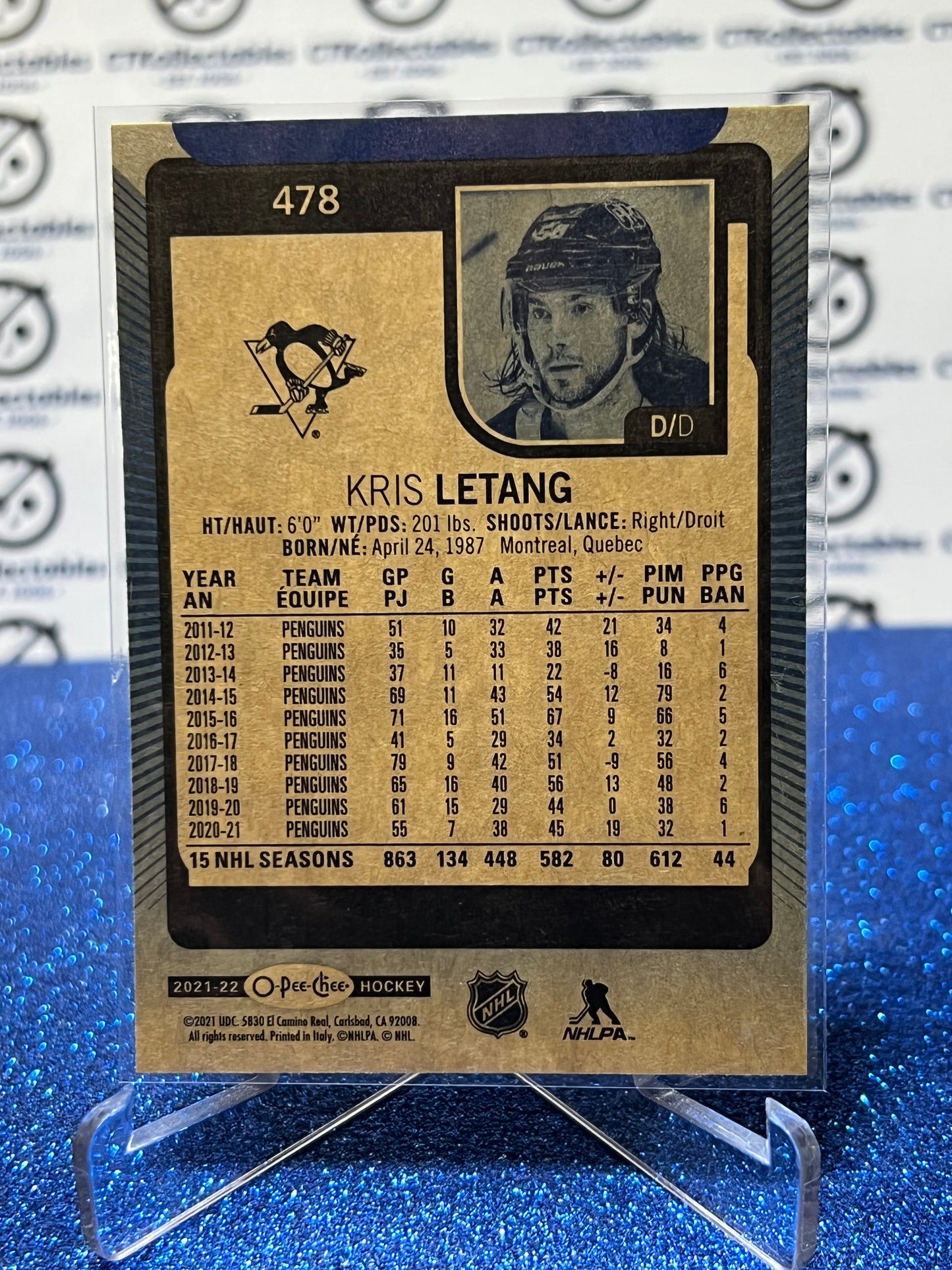 2021-22 O-PEE-CHEE KRIS LETANG # 478 BLUE PARALLEL PITTSBURG PENGUINS NHL HOCKEY CARD