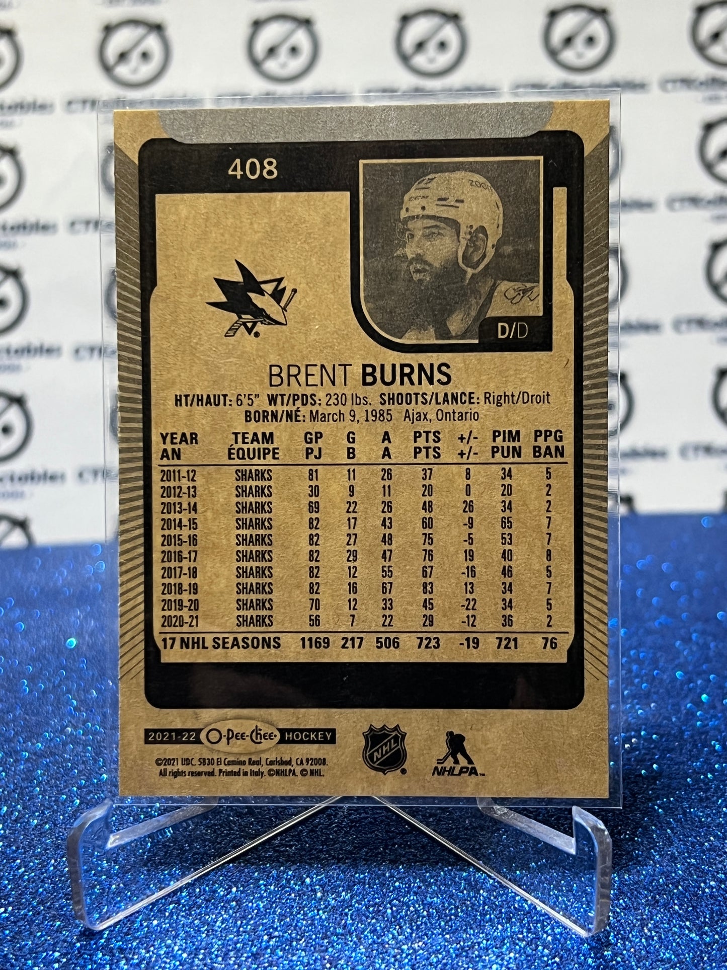 2021-22 O-PEE-CHEE BRENT BURNS # 408 SAN JOSE SHARKS HOCKEY CARD