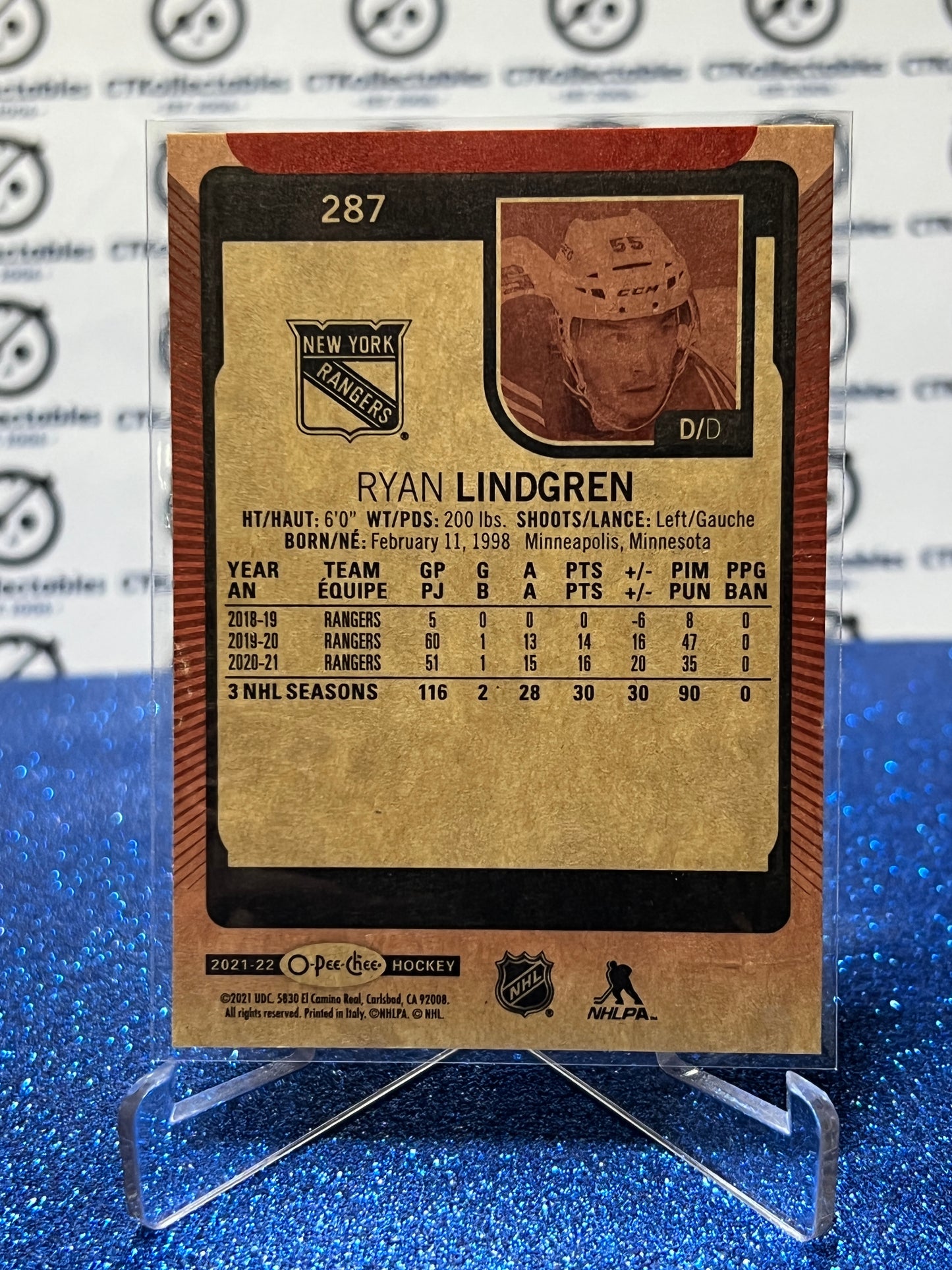 2021-22  O-PEE-CHEE RYAN LINDGREN # 287 RED NEW YORK RANGERS  NHL HOCKEY CARD