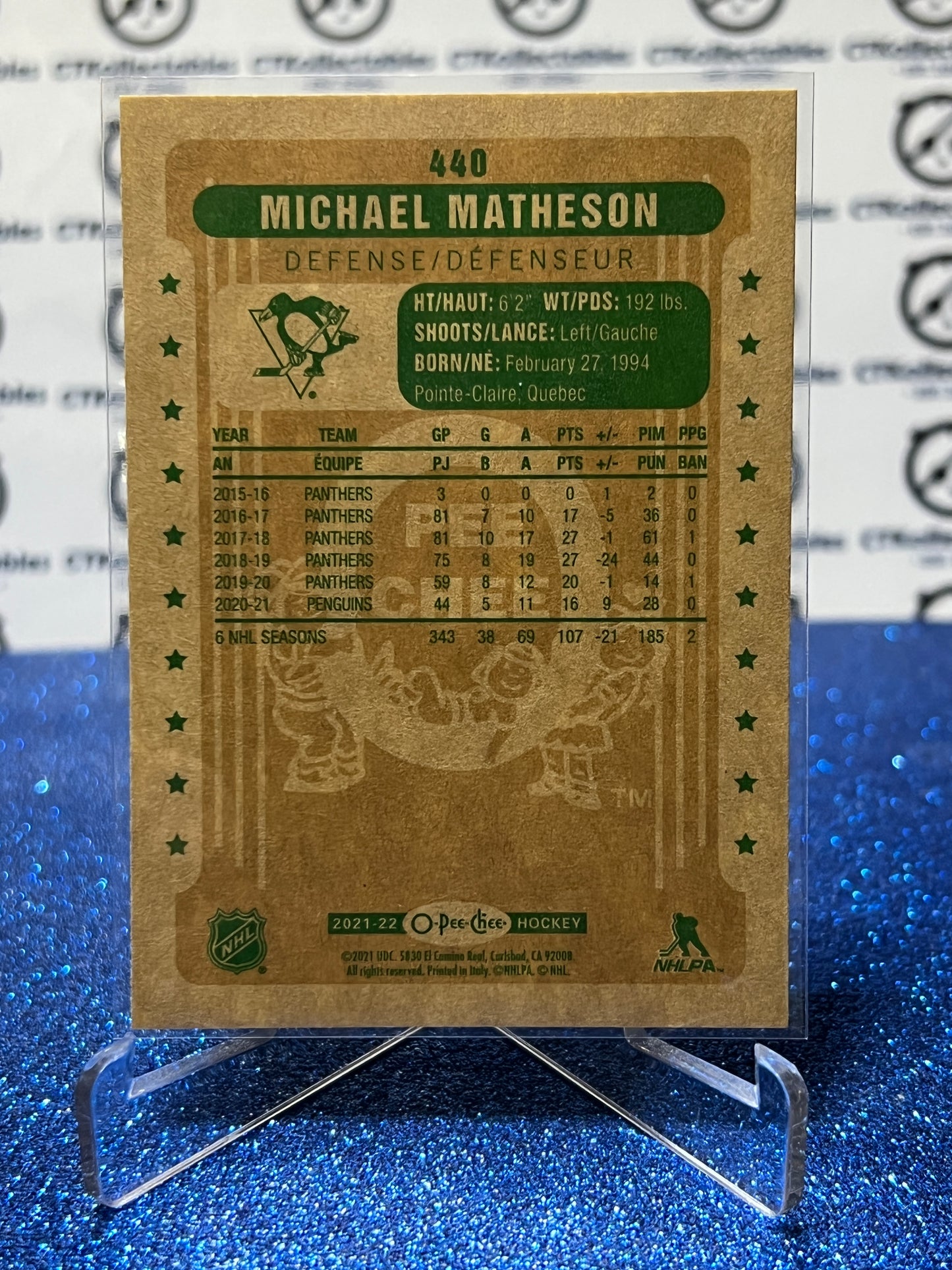 2021-22 O-PEE-CHEE MICHAEL MATHESON # 440 RETRO PITTSBURGH PENGUINS  NHL HOCKEY CARD