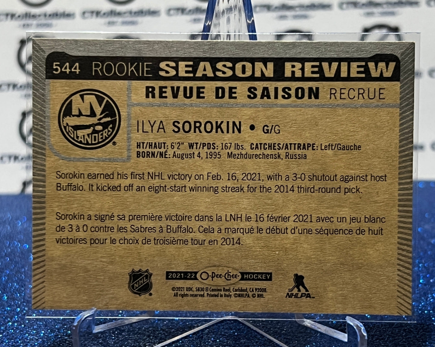 2021-22 O-PEE-CHEE ILYA SOROKIN # 544 SEASON REVIEW NEW YORK ISLANDERS NHL HOCKEY CARD