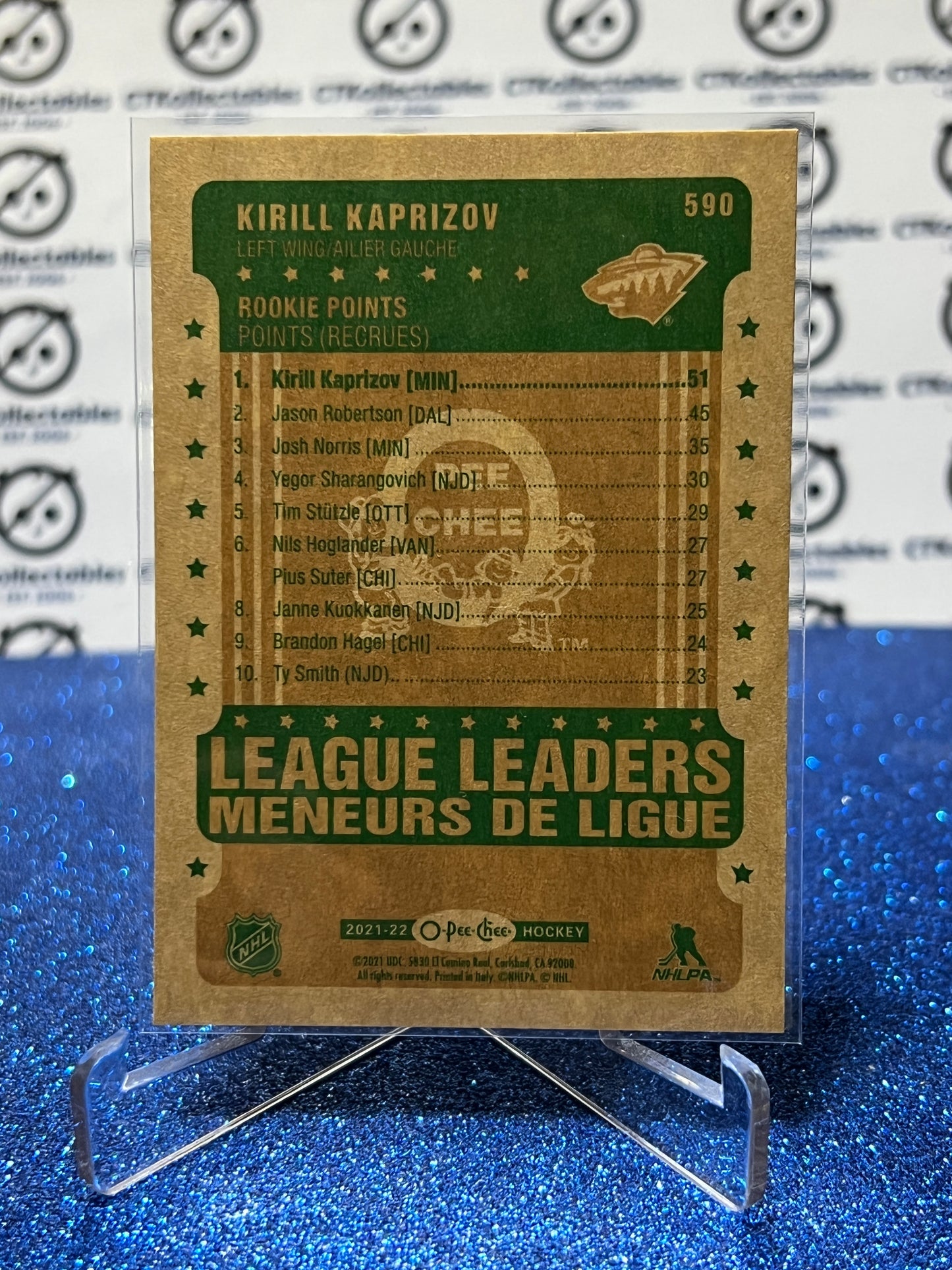 2021-22  O-PEE-CHEE KIRILL KAPRIZOV # 590 LEAGUE LEADERS MINNESOTA WILD HOCKEY CARD