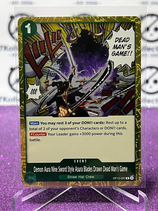 2025 ONE PIECE LEGACY OF THE MASTER DEMON AURA NINE SWORD STYLE ASURA BLADES DEAD MAN'S GAME # OP12-037 R  FOIL TRADING GAME CARD
