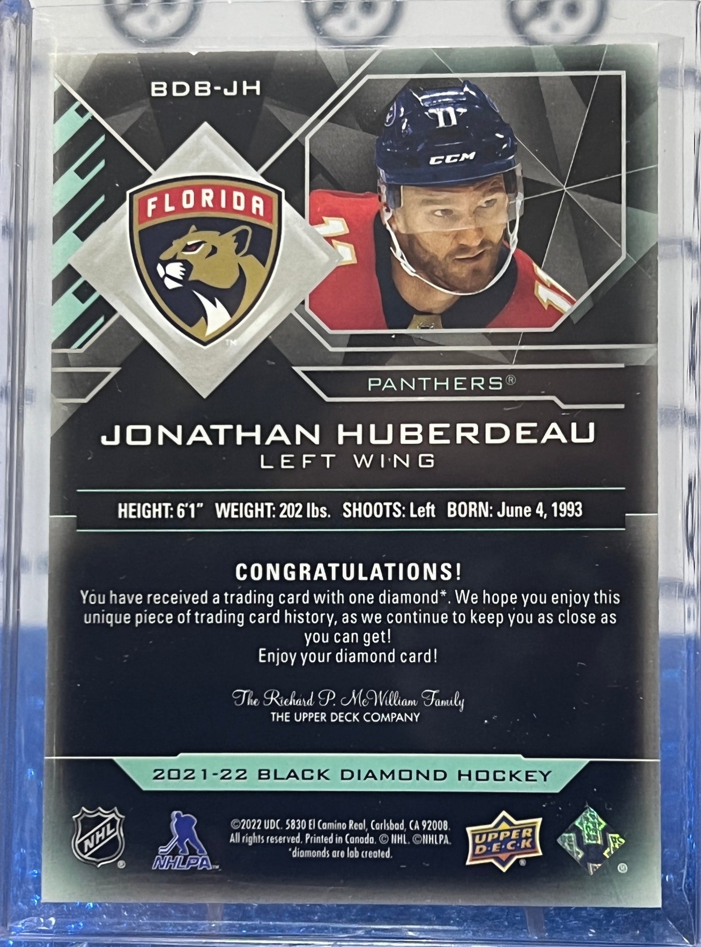 2021-22 UPPER DECK BLACK DIAMOND 1/1 JONATHAN HUBERDEAU # BDB-JH FLORIDA PANTHERS HOCKEY CARD