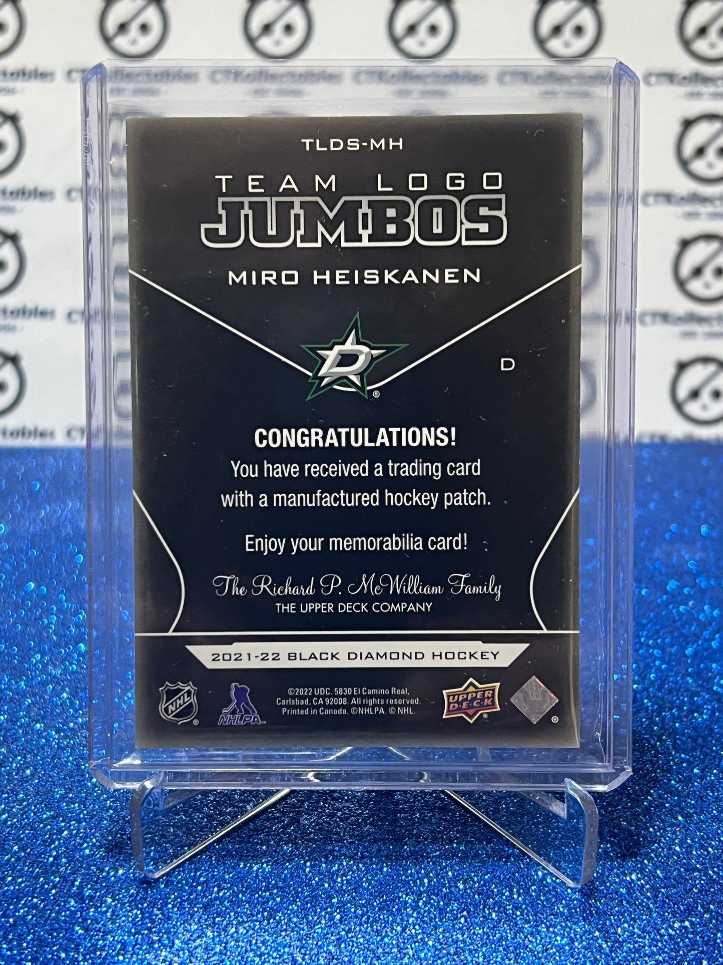 2021-22 UPPER DECK BLACK DIAMOND LOGO JUMBO MIRO HEISKANEN # TLDS-MH DALLAS STARS HOCKEY CARD