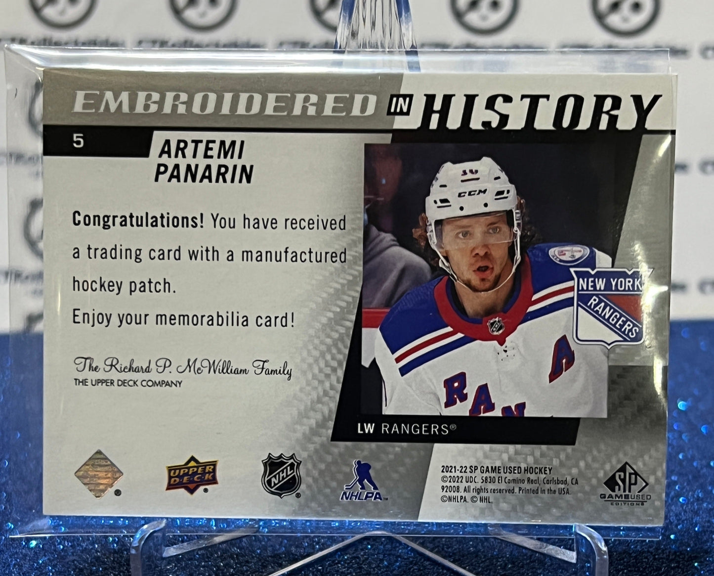2021-22  UPPER DECK SP ARTEMI PANARIN  # 5 EMBROIDERED IN HISTORY  NEW YORK RANGERS  NHL HOCKEY CARD