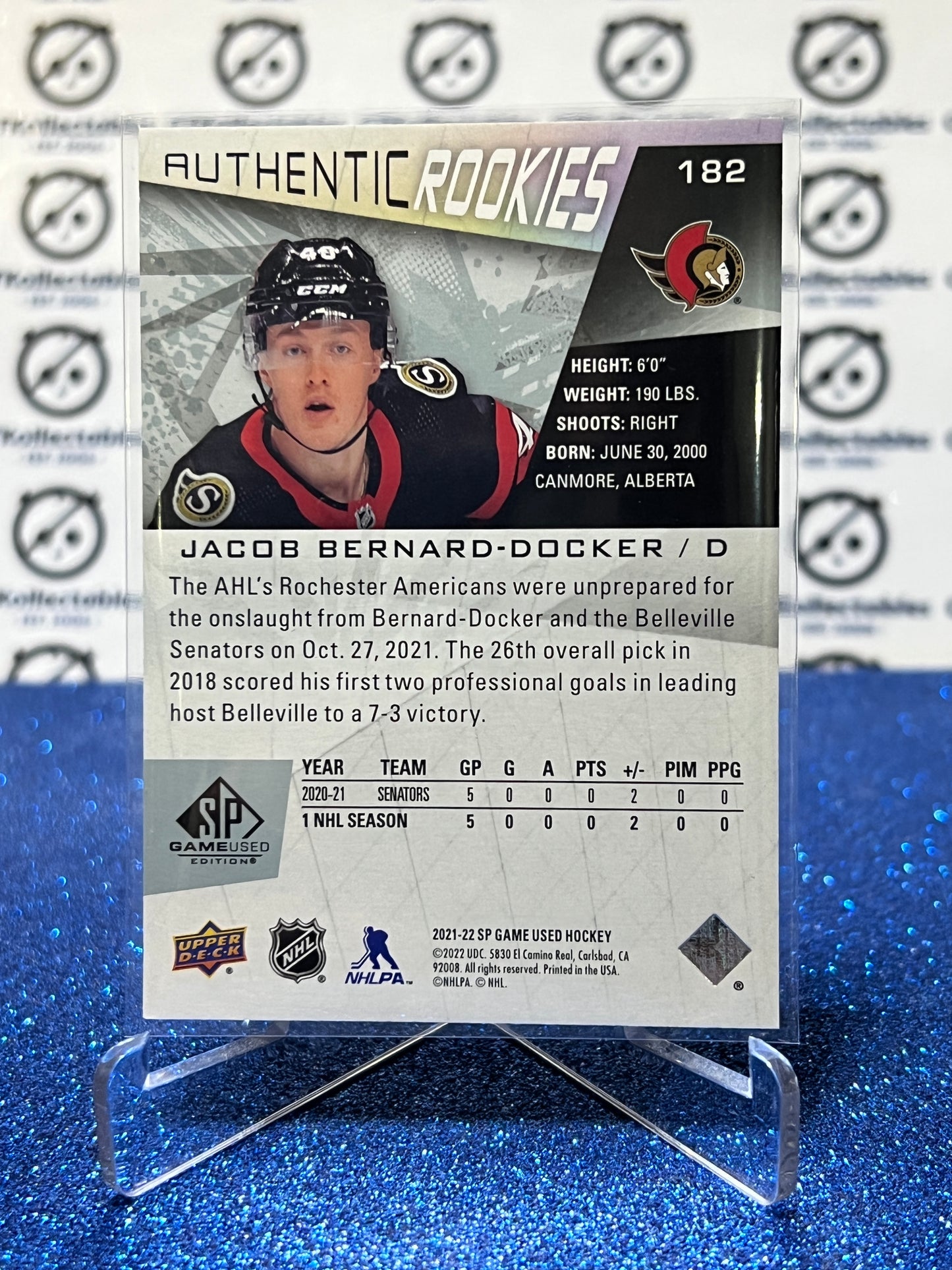 2021-22 UPPER DECK SP JACOB BERNARD-DOCKER # 182 AUTHENTIC ROOKIE  OTTAWA SENATORS HOCKEY CARD