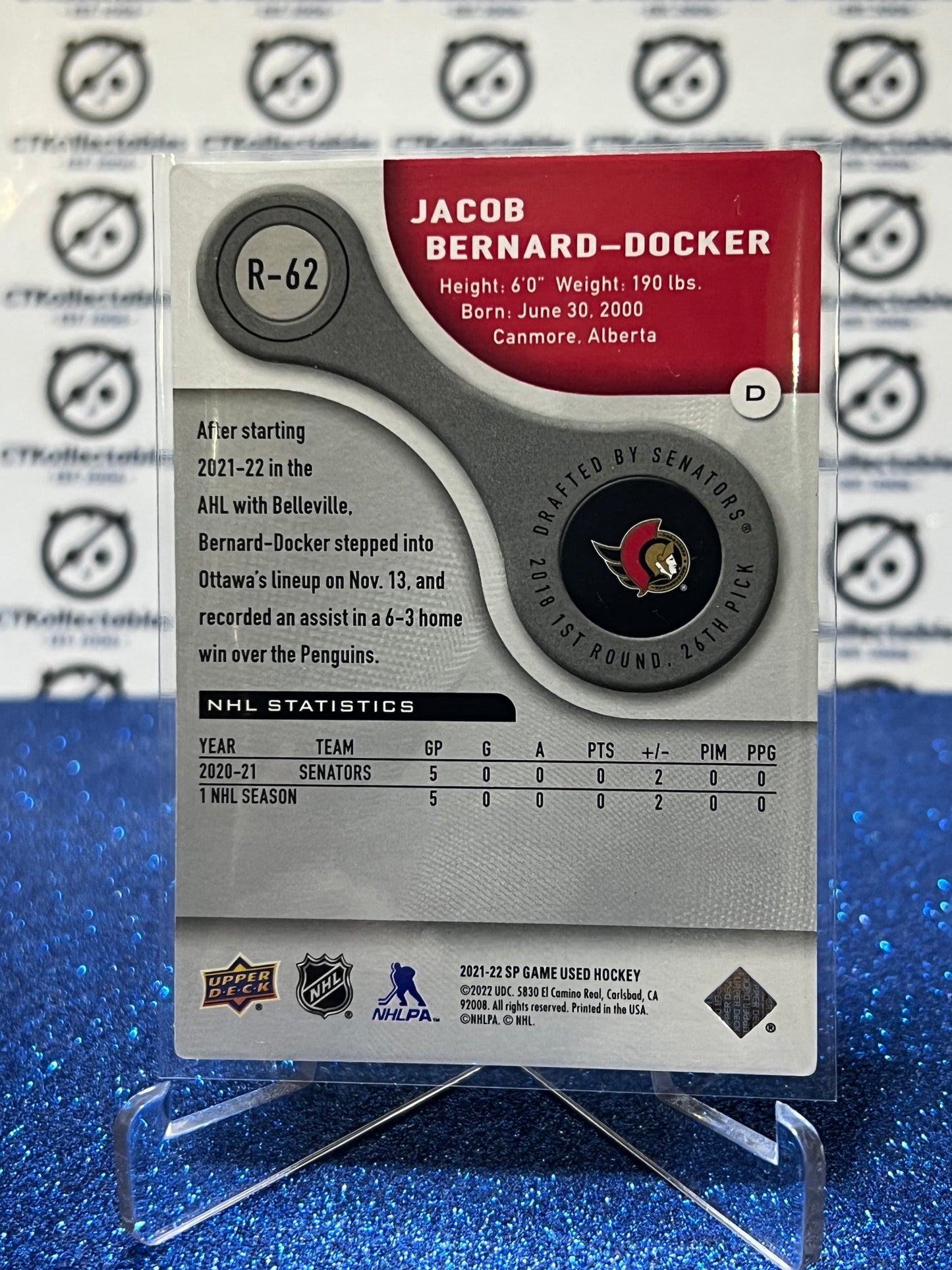 2021-22 UPPER DECK SP JACOB BERNARD-DOCKER # R-62 AUTHENTIC ROOKIE  OTTAWA SENATORS HOCKEY CARD