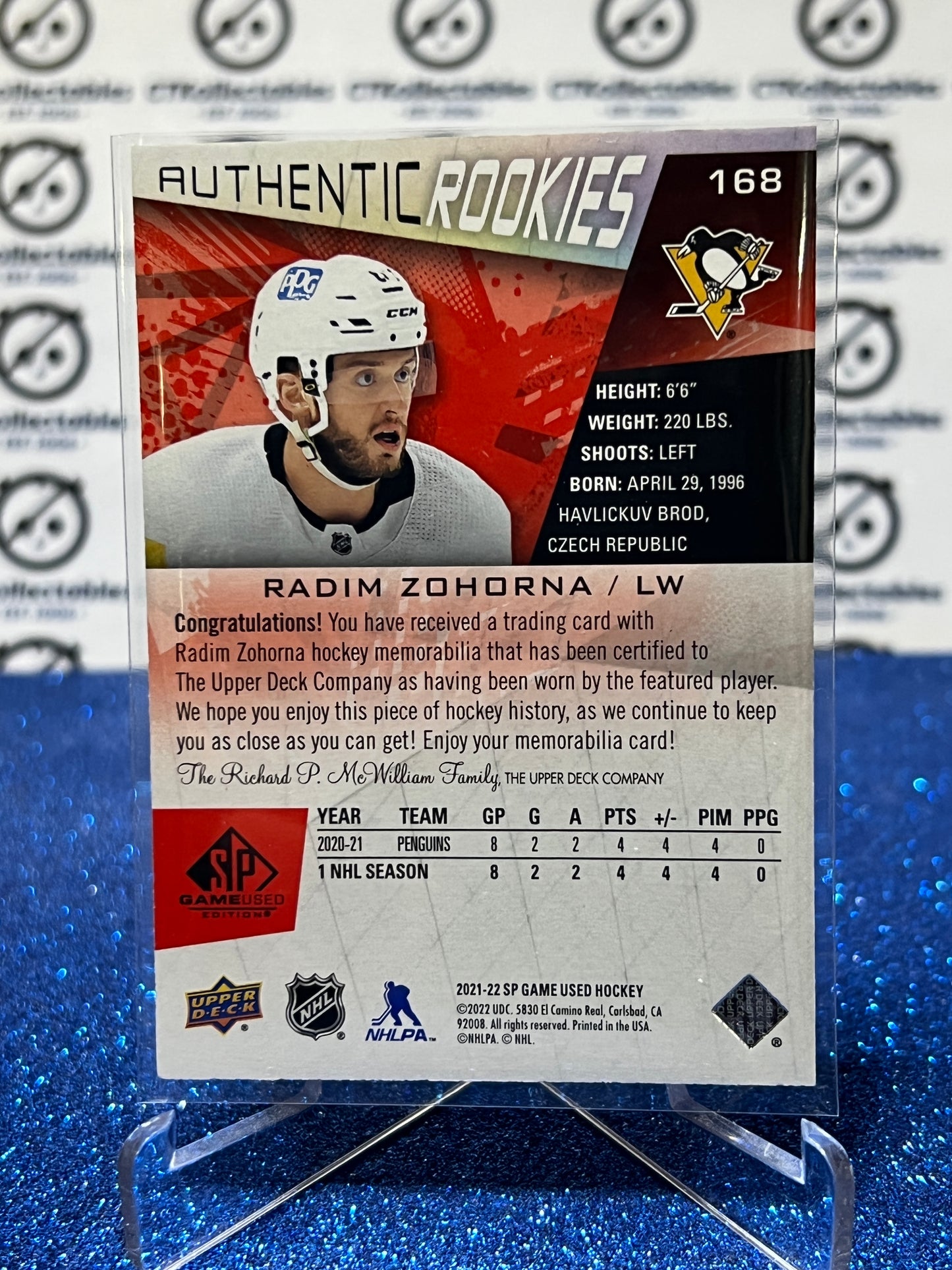 2021-22 UPPER DECK SP RADIM ZOHORNA # 168 AUTHENTIC ROOKIE PATCH RED PITTSBURGH PENGUINS NHL HOCKEY TRADING CARD