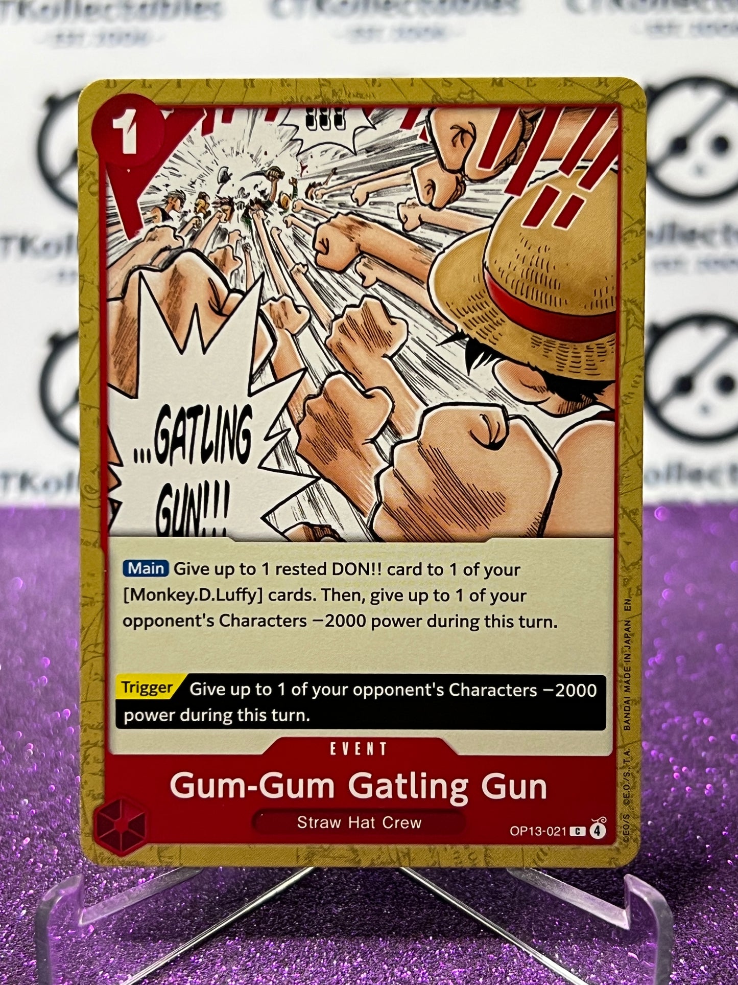 2025 ONE PIECE CARRYING ON HIS WILL GUM-GUM GATLING GUN # OP13-021  C GOLD NON-FOIL ENGLISH TRADING GAME CARD